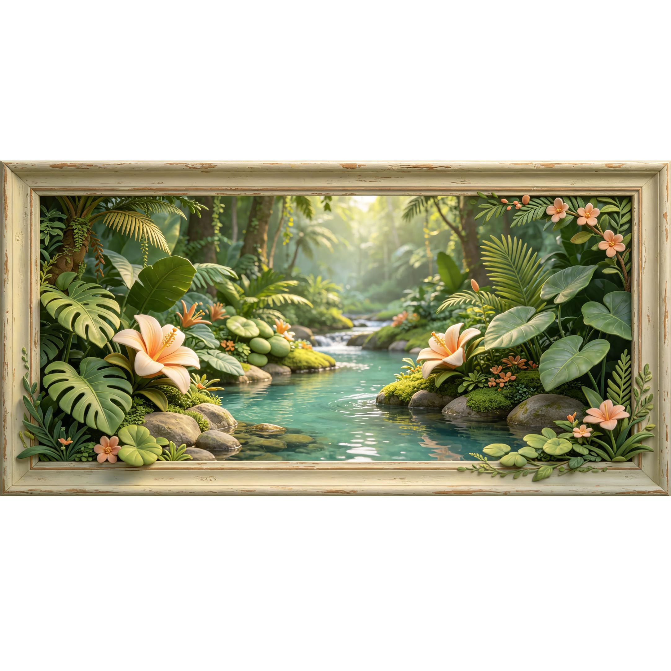 Agglomerix 3D Framed Wall Art Tropical River Forest Botanical Hibiscus Stone Relief Effect Large Size SelfAdhesive Removable Wall Decor Prints Artwork for Living Room Bedroom Office