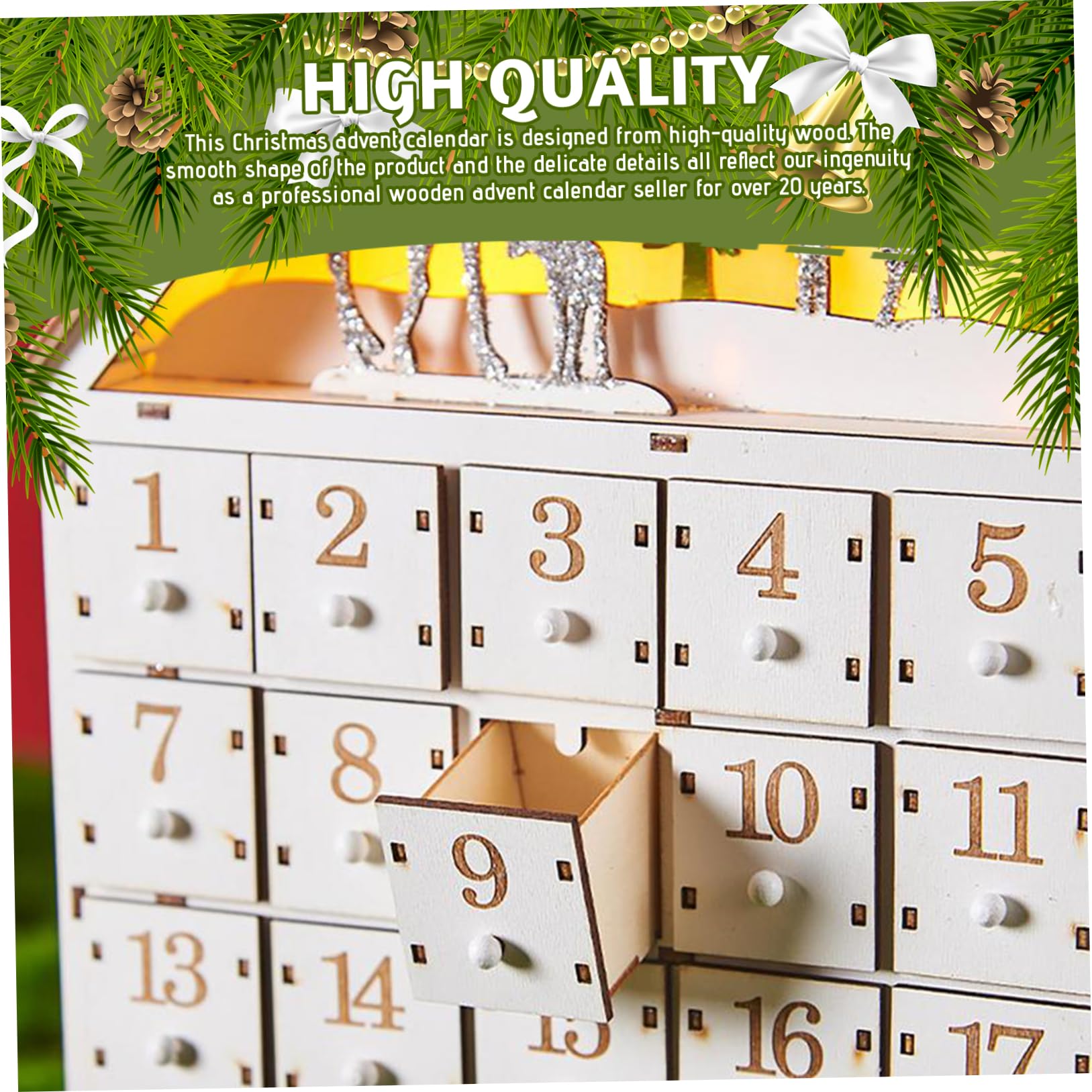 Calendario dell'Avvento in legno con cassetti e luci a LED Conto alla rovescia per 24 giorni Calendari dell'Avvento vuoti da riempire per decorazioni natalizie Calendario vuoto