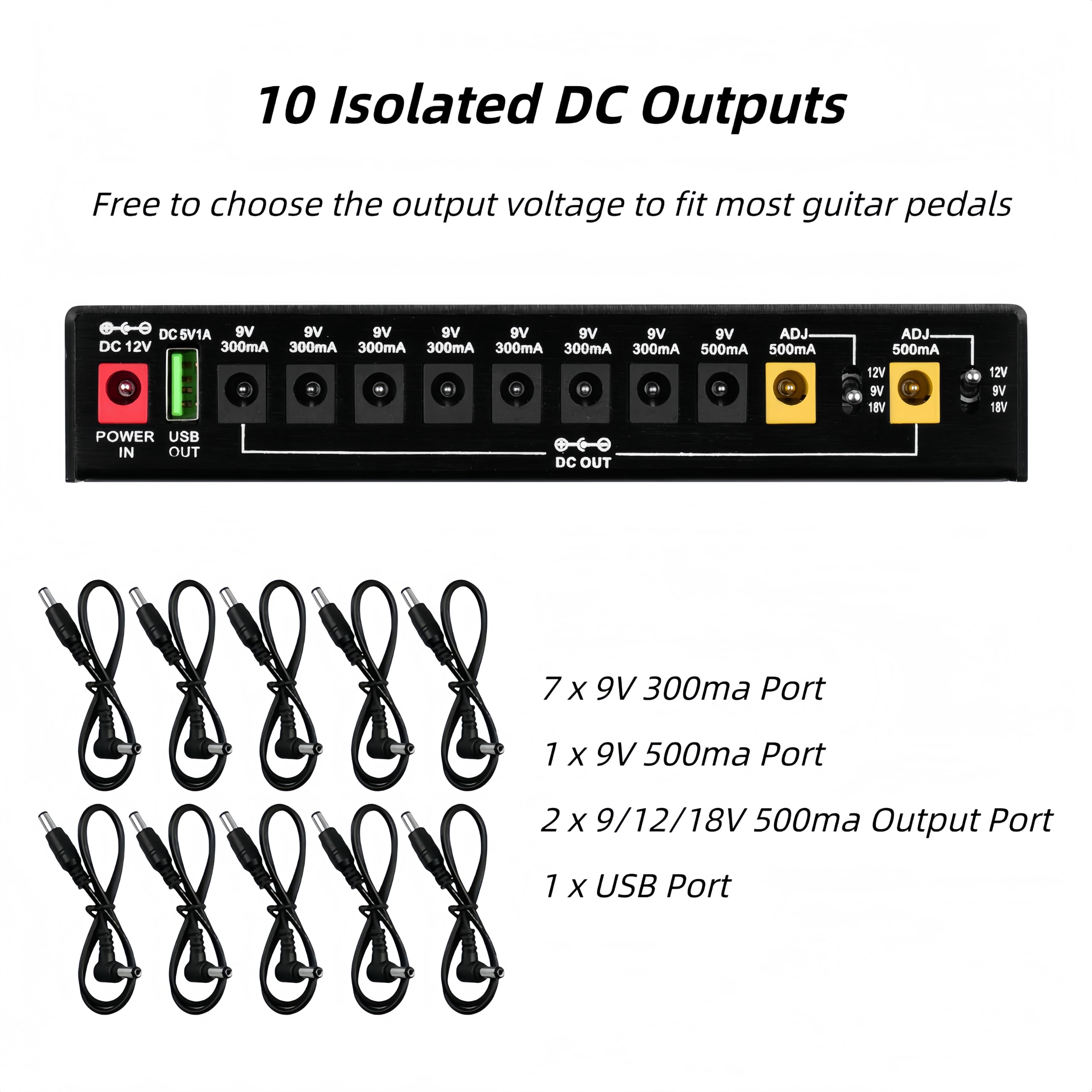 Alimentation pour pédale de guitare, 10 alimentations isolées réglables à sortie CC, petite alimentation portable avec indicateur lumineux LED pour pédale de guitare 9 V 12 V 18 V 300 mA 500 mA