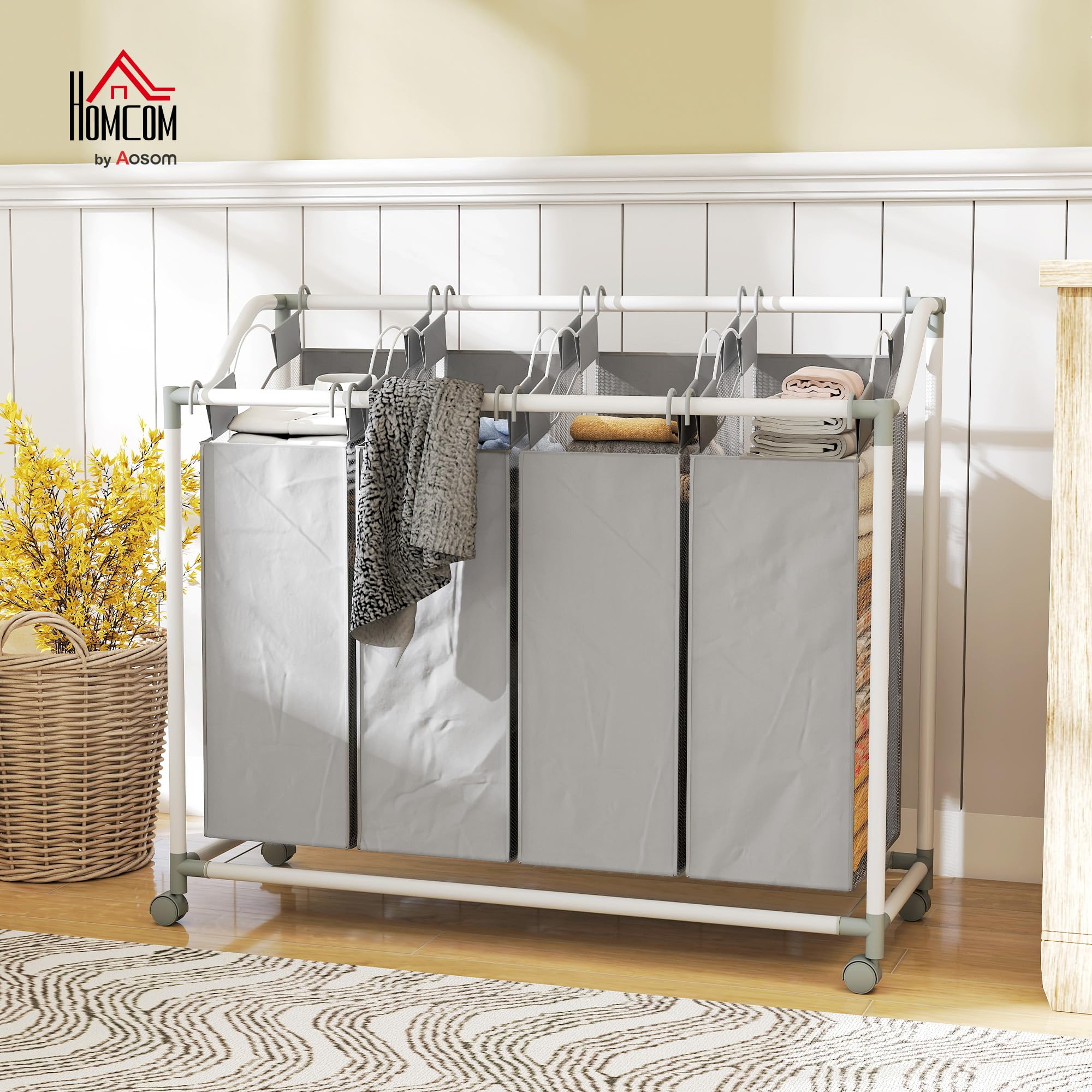 HOMCOM Panier à Linge Mobile 4 Compartiments 4 x 40L Gris | Corbeille à Roulettes, 4 Sacs Amovibles, Chariot Linge Sale, Buanderie, Chambre, Salle de Bain