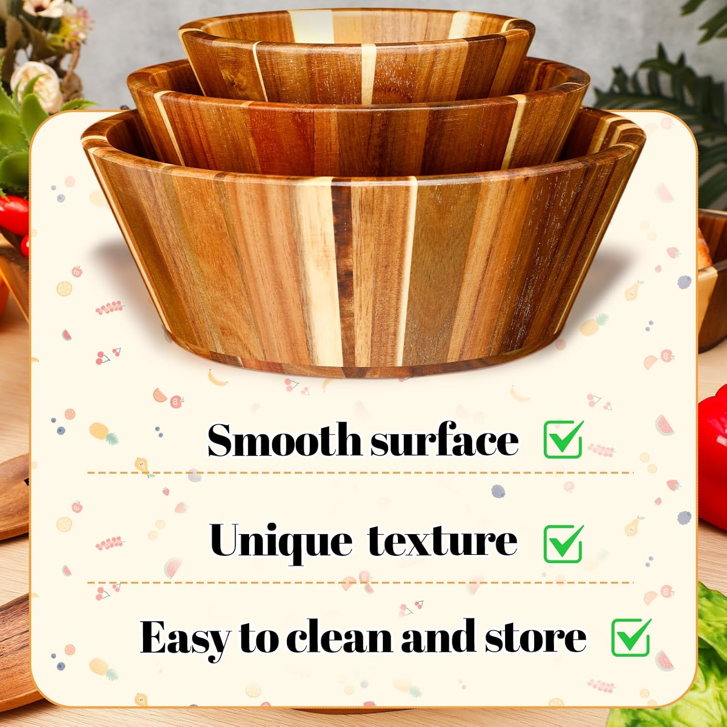 Yunlly Wooden Salad Bowl Set of 5 - Large Fruit Mixing Bowls with Salad Servers Utensils for Serving Dining Accessory - Handmade - Acacia Wood - Large 12", Medium 10", Small 8"(Round Design) - Image 6