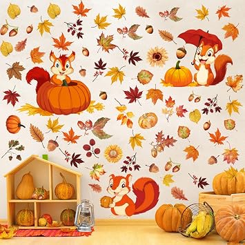 107 Pcs 6 Sheet Fall Wall Decal Maple Leaves Pumpkin Autumn Wall Sticker