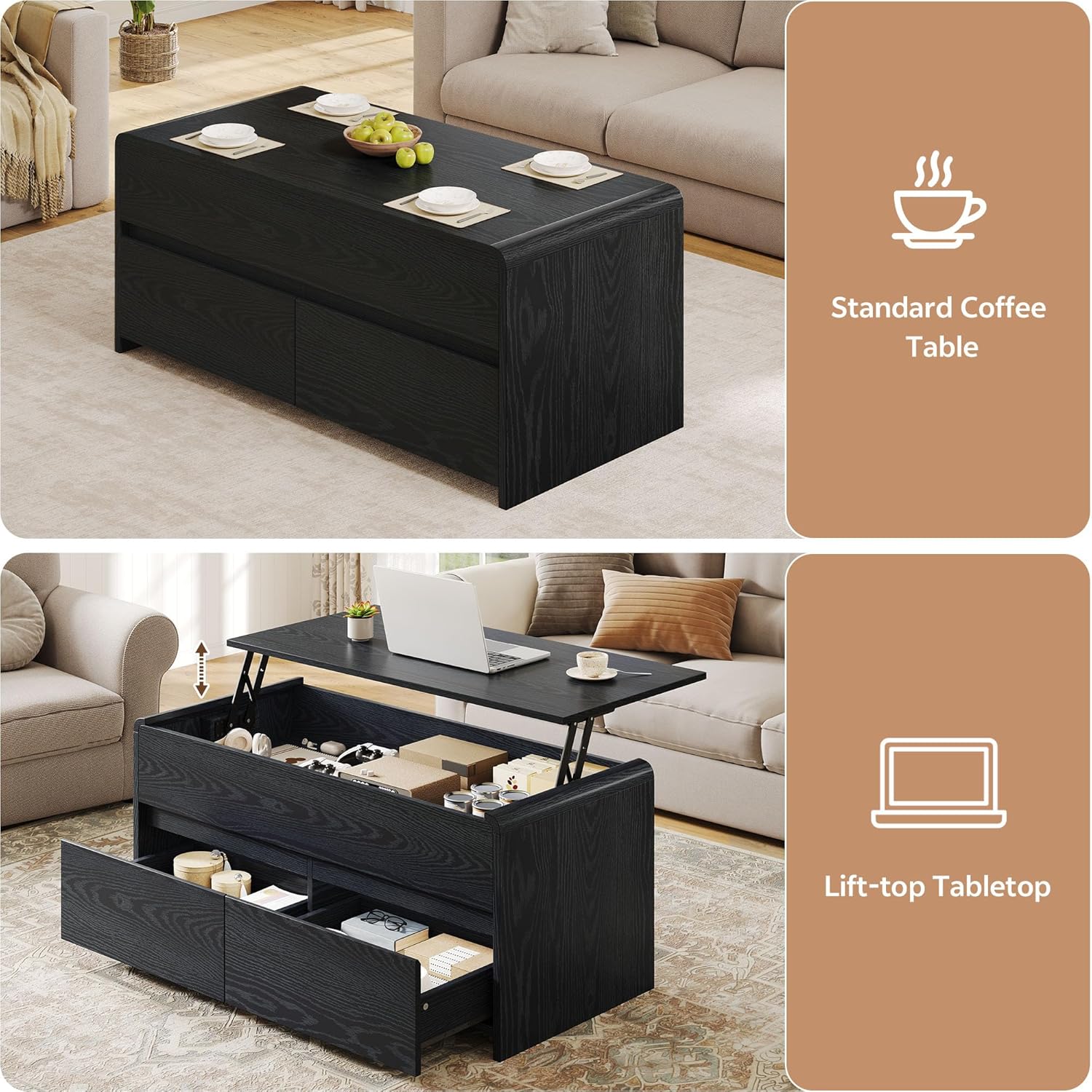 Coffee Table Lift Top with 2 Drawers, 40 Inch Multi-Function Coffee Table with Hidden Compartment, Curved Profile Design, Converts to Home Office Table for Living Room, Black