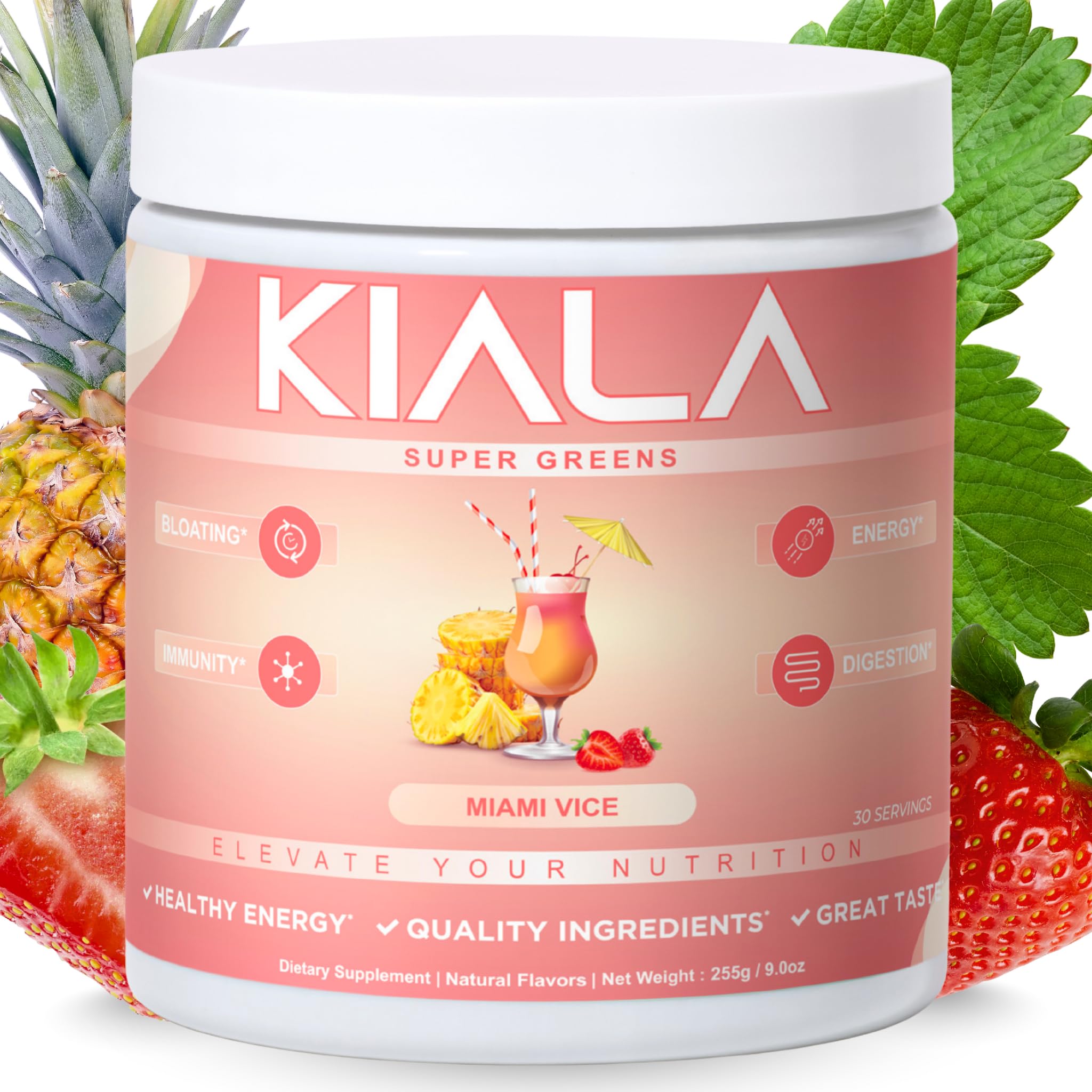 Kiala Nutrition Super Greens, Organic Greens Powder with Spirulina & Chlorella for Digestion, Gut Health, Immunity, Energy, Gluten Free, Vegan, Sugar Free, Spectra Blend, Miami Vice Flavor 30 Servings