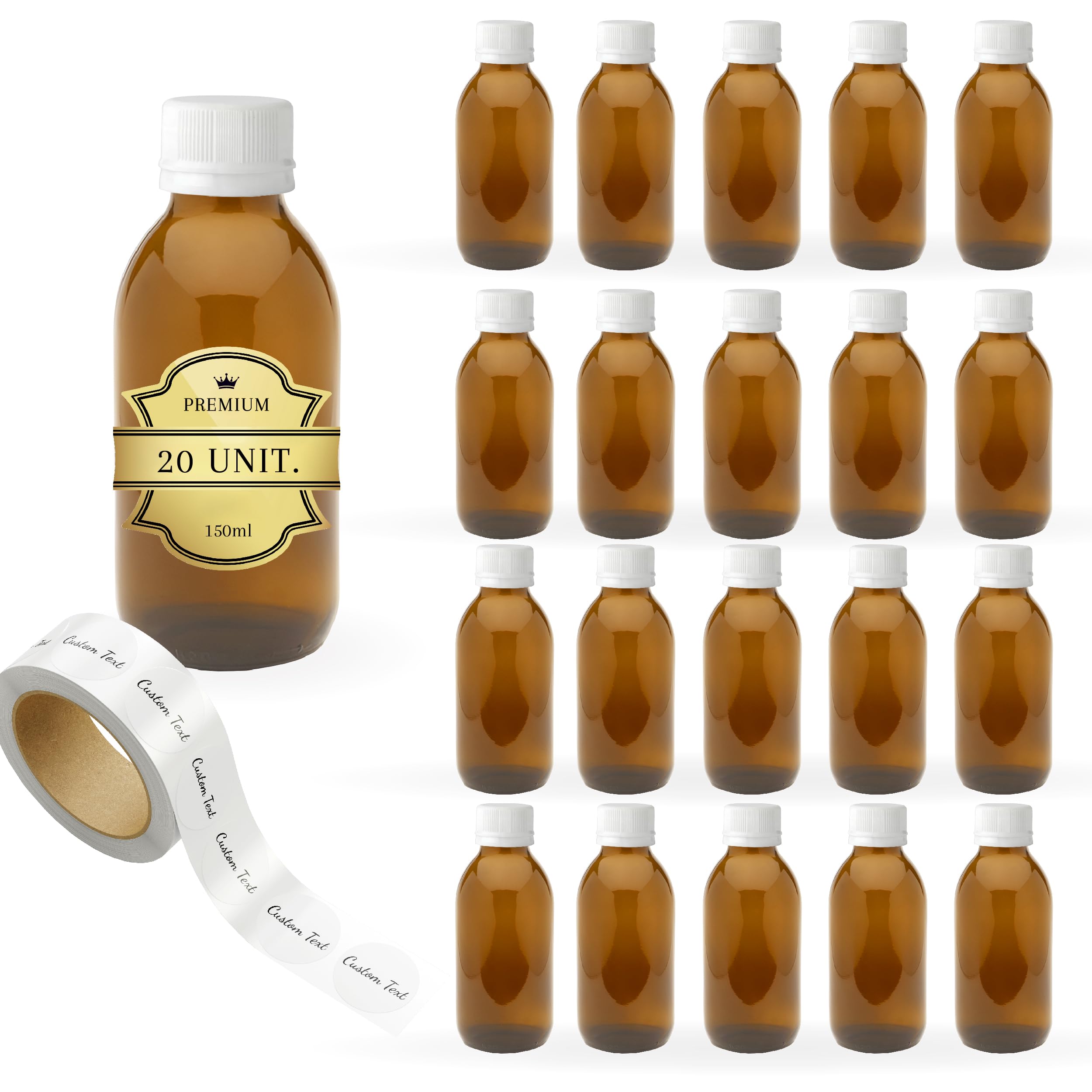 20 flaconi vuoti in vetro ambrato da 150 ml con coperchio in plastica + 20 etichette di adesivi personalizzate, flacone per oli essenziali, cosmetici, laboratorio, medicinali