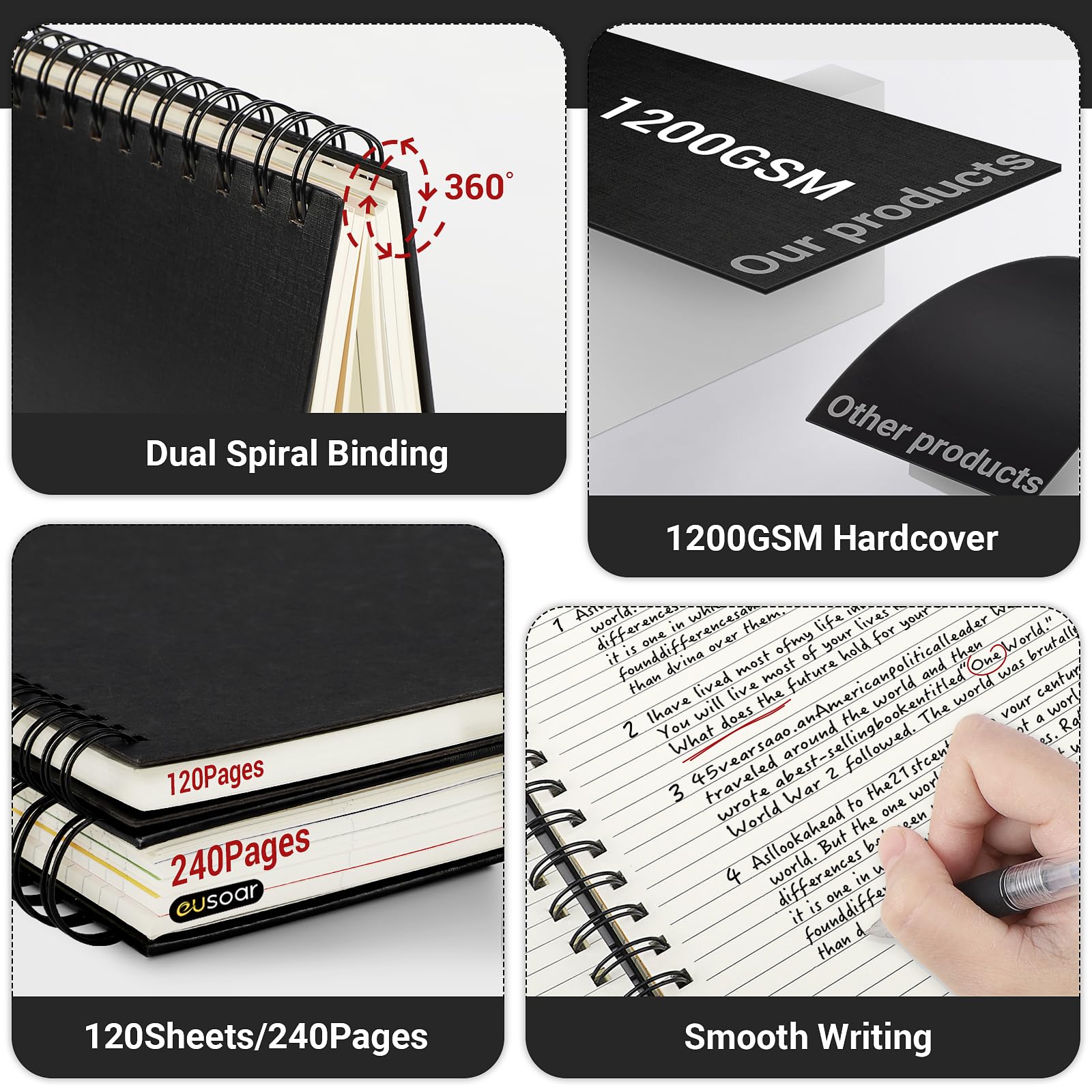 EUSOAR Quaderno a spirale a righe, 3 pezzi B5 18,5 x 25,9 cm, copertina rigida, 5 soggetti con divisori, carta spessa 100 g/m², 120 fogli/240 pagine, set di quaderni per scrittura, schizzi e appunti