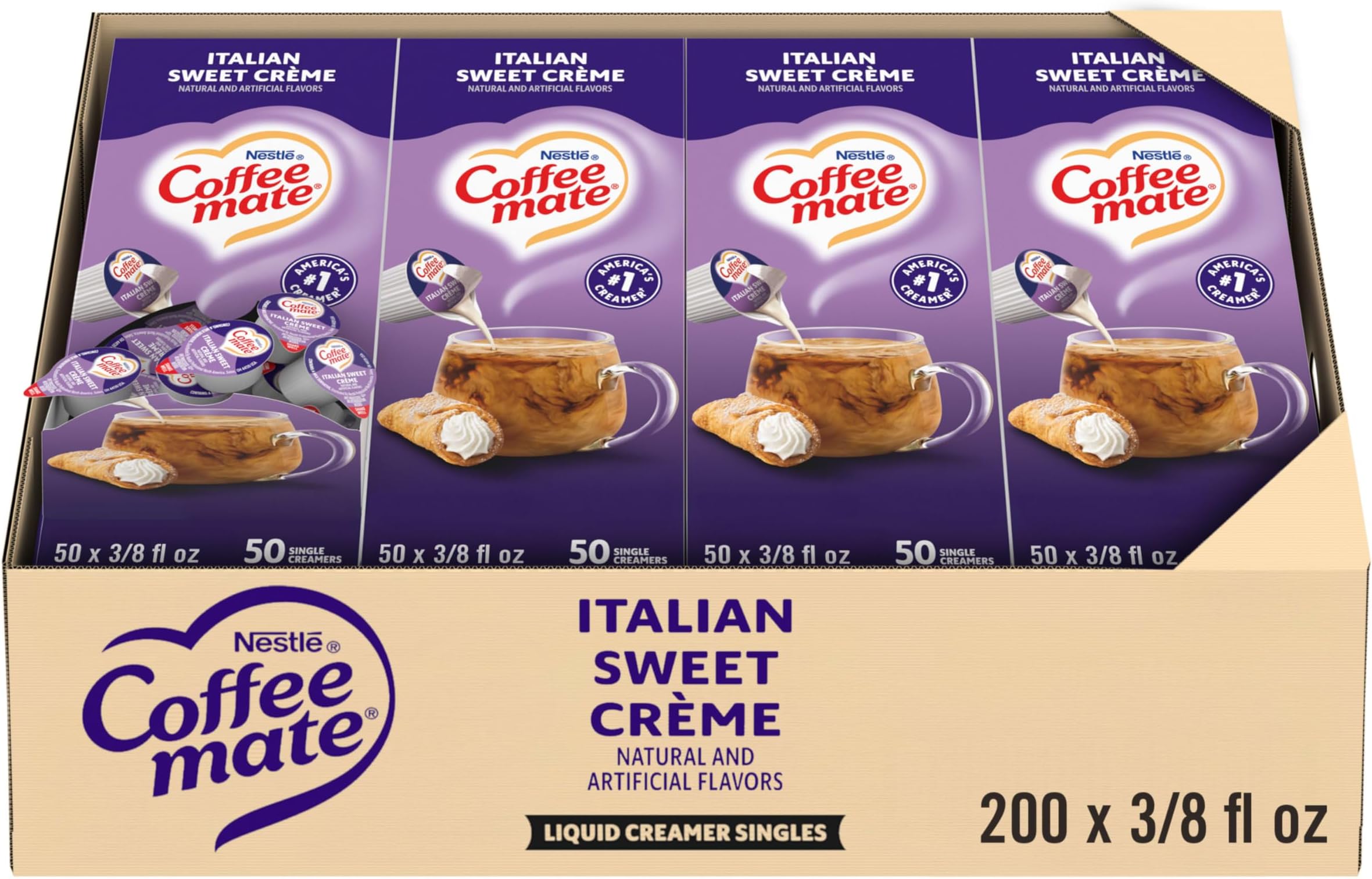 Nestle Coffee mate Creamer, Italian Sweet Crème, Liquid Creamer Singles, Non Dairy, No Refrigeration, Box of 50 Singles (Pack of 4)
