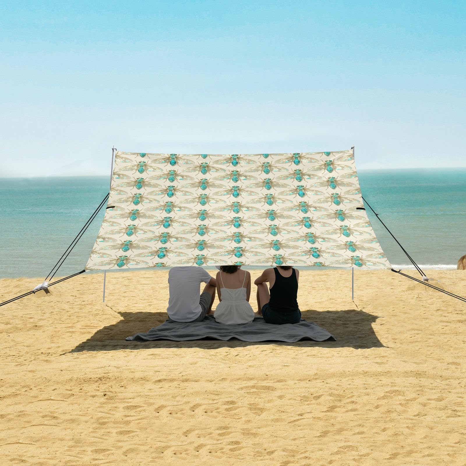 Grand pare-soleil bleu Cicada UPF50 facile à installer avec pelle à sable pour le camping, la pêche, le plaisir dans le jardin ou les pique-niques