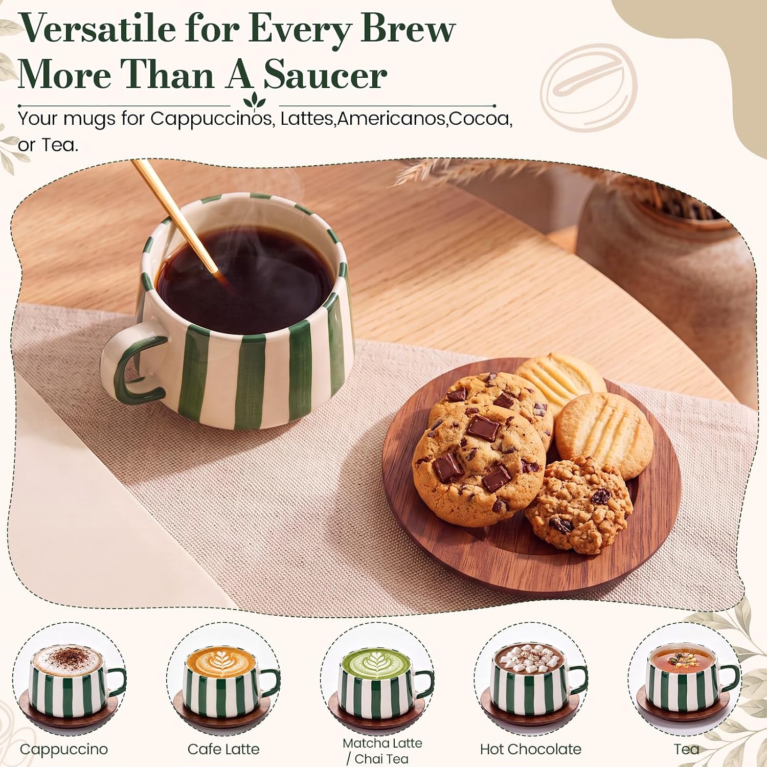 3 Pcs Ceramic Coffee Cup and Saucer Spoon Set with Green White Striped Coffee Mug, Walnut Wood Saucer, Stainless Steel Spoon for Cappuccino Latte Art Espresso Tea Party Favors Gift