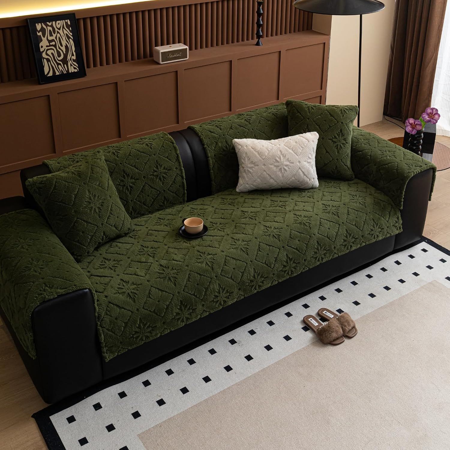 Luxury Fuzzy Velvet Plush Sofa Cover Fur Soft Sectional Couch Cover Furry Fluffy Cushion Cover Non-Slip Sofa Slipcovers Warm 3D Jacquard Furniture Protector for Dogs Cats(Green,36"x63") image 3