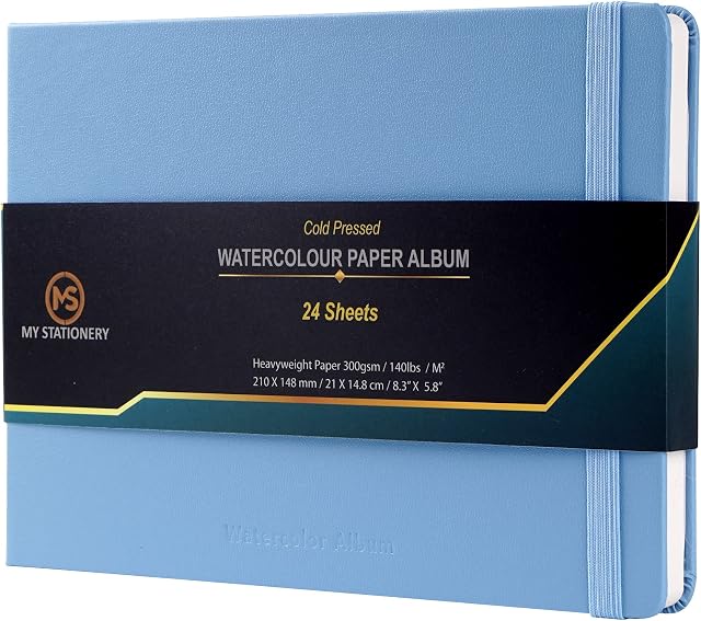 A5 Watercolour Pad Cold Pressed Sketch Book Leatherette Cover Hardcover Glue Bound Paper Album 140lb (300gsm) 100% Cotton Ivory Colour Paper Sketchbook Journal 24 Sheets - Sky Blue Cover