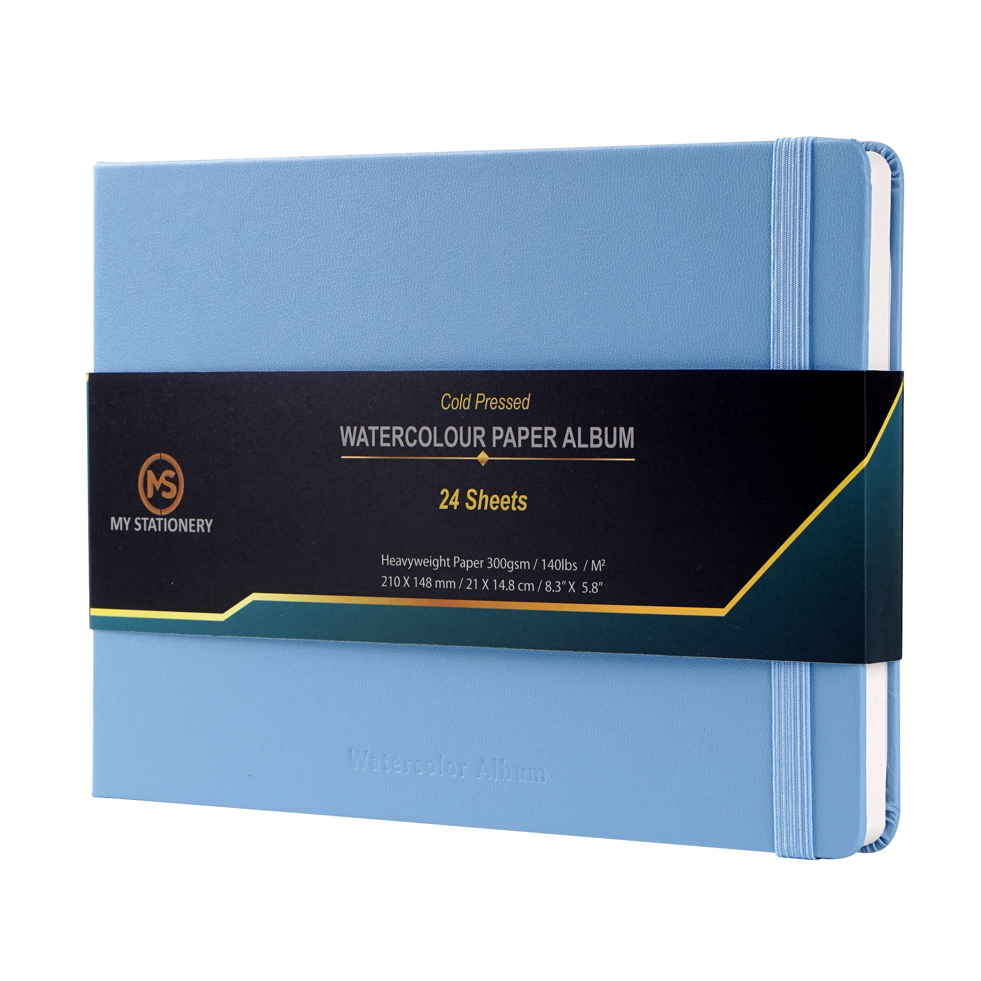 Ms My Stationery Sky Blue Cover A5 Watercolour Pad Cold Pressed Sketch Book Leatherette Cover Hardcover Glued Binding Paper Album 140Lb (300Gsm) 100% Cotton Ivory Colour Paper Sketchbook Journal 24 Sheets