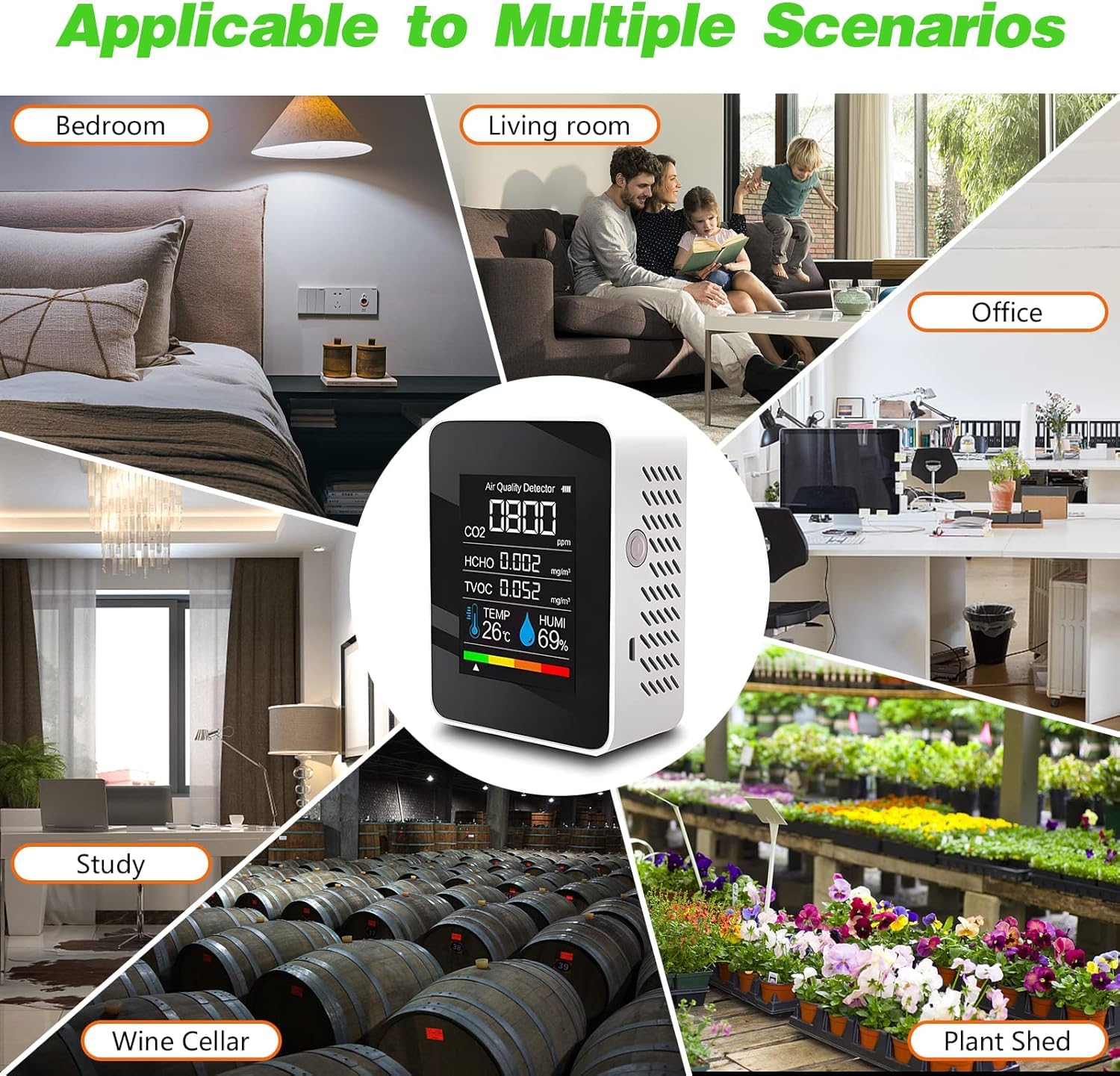 Moniteurs de qualité de l'air Professionnels 5 en 1 Détecteur CO2 d'intérieur TVOC HCHO Testeurs avec capteurs de température et d'humidité Analyseurs de qualité de l'air Portables pour la