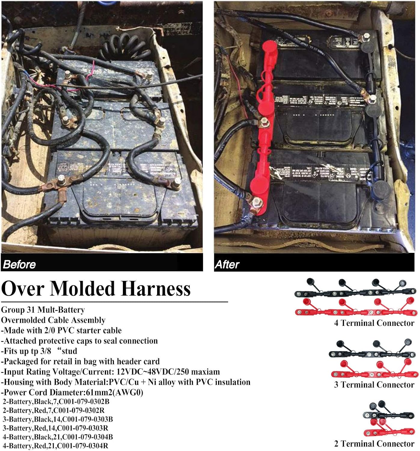 Overmolded Multi Group 31 8" 1/0 3 Battery Cable for Truck Marin Boat Yachet RV Caravan Battery Motor Trailer Bus - Black Negative