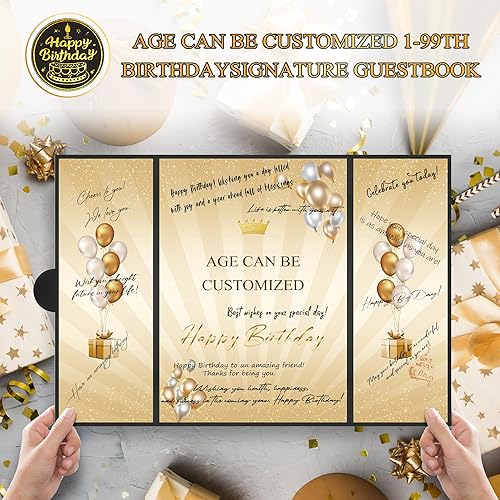 Miniatura 7 de Decoraciones de fiesta de feliz cumpleaños del 1 al 99 de oro negro de 18 x 12 pulgadas, libro de invitados de cumpleaños para hombres y mujeres,