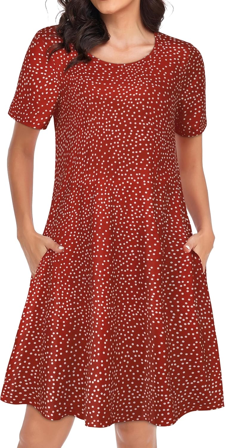 Womens Summer Dresses Beach Casual Loose Tshirt Floral Short Sleeve Flowy Pockets Sundresses - Image 2