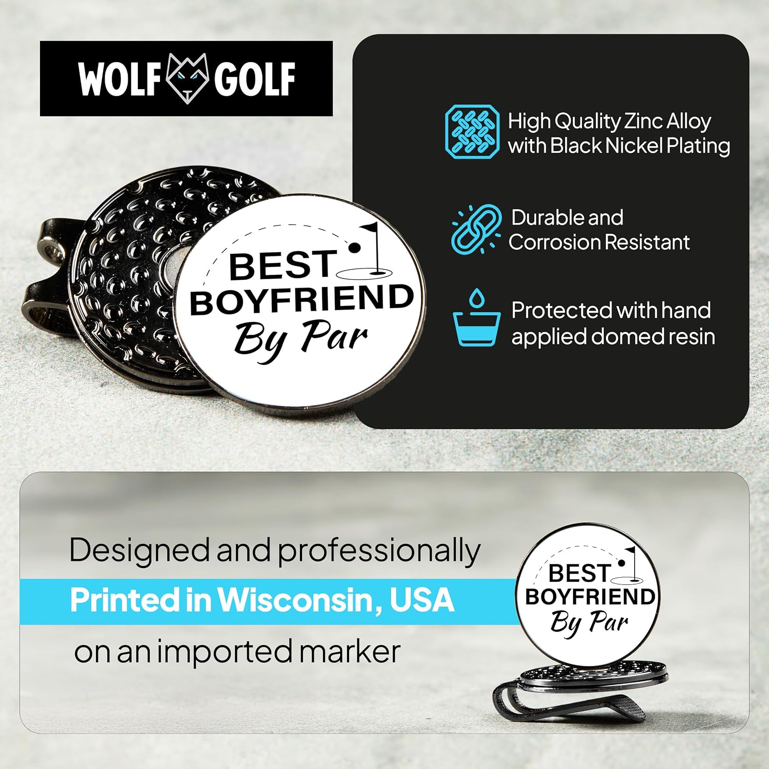 Wolf Golf Towels Golf Ball Marker Hat Clip Gift Set | Best Husband By Par or Best Boyfriend By Par | | 1 Magnetic Clip + 3 Ball Markers | Golf Accessories for Men image 4