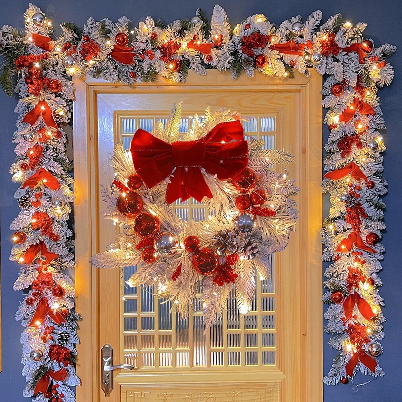 Guirnaldas Colgantes de Navidad para Puerta de Entrada, Corona de Puerta de Navidad flocada Letrero Colgante de Navidad Juego de ratán para decoración Interior Exterior(Large Suit)