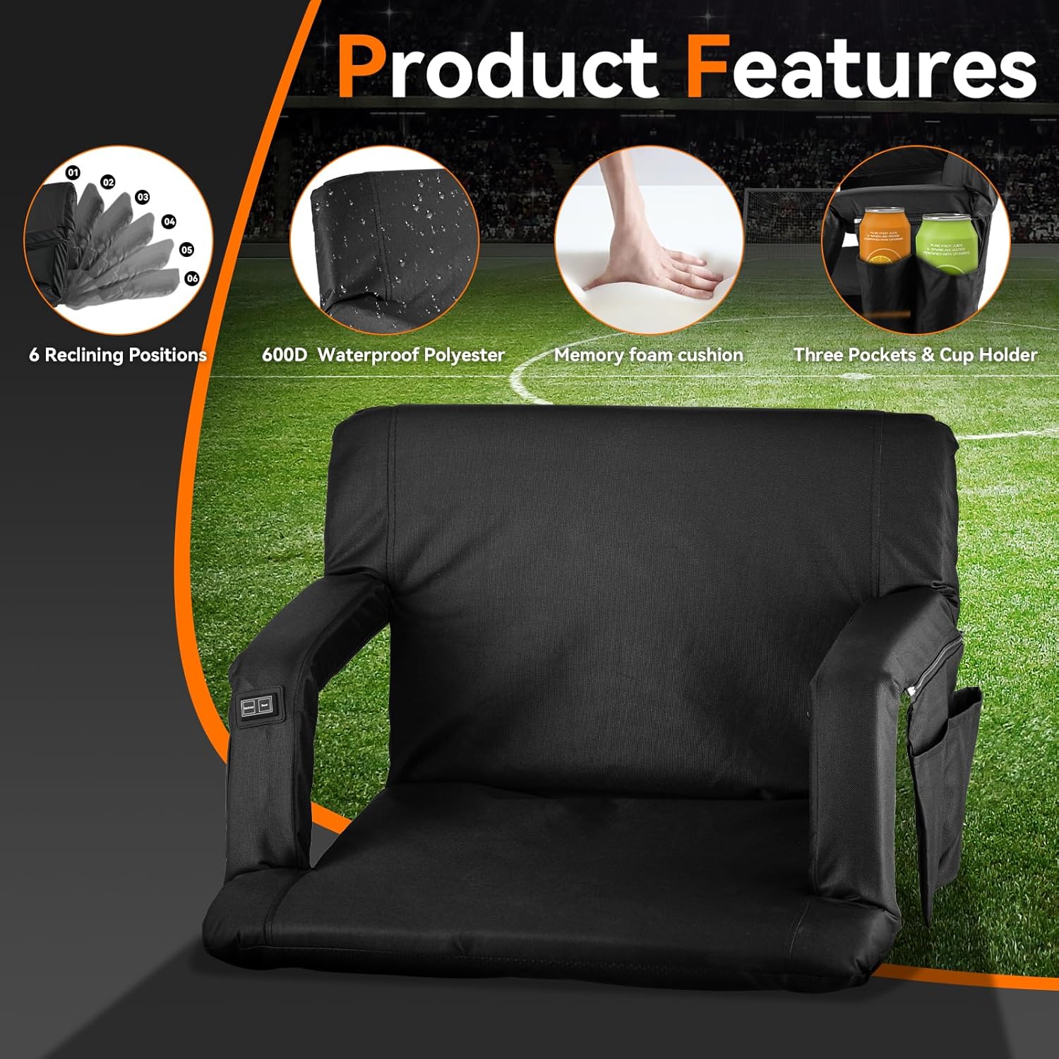 Dual-Backrest Stadium Seat With Cushion – Portable Bleacher Chair With 6 Recline Positions, Cup Holder & Shoulder Strap