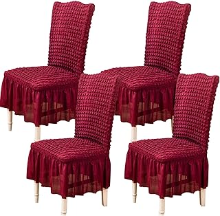 Qubjus Chair Covers for Dining Room Set of 4 Stretch Chair Slipcovers with Skirt Removable Washable Kitchen Chair Protector Cover Set for Home, Party, Wedding(Burgandy, 4pcs)