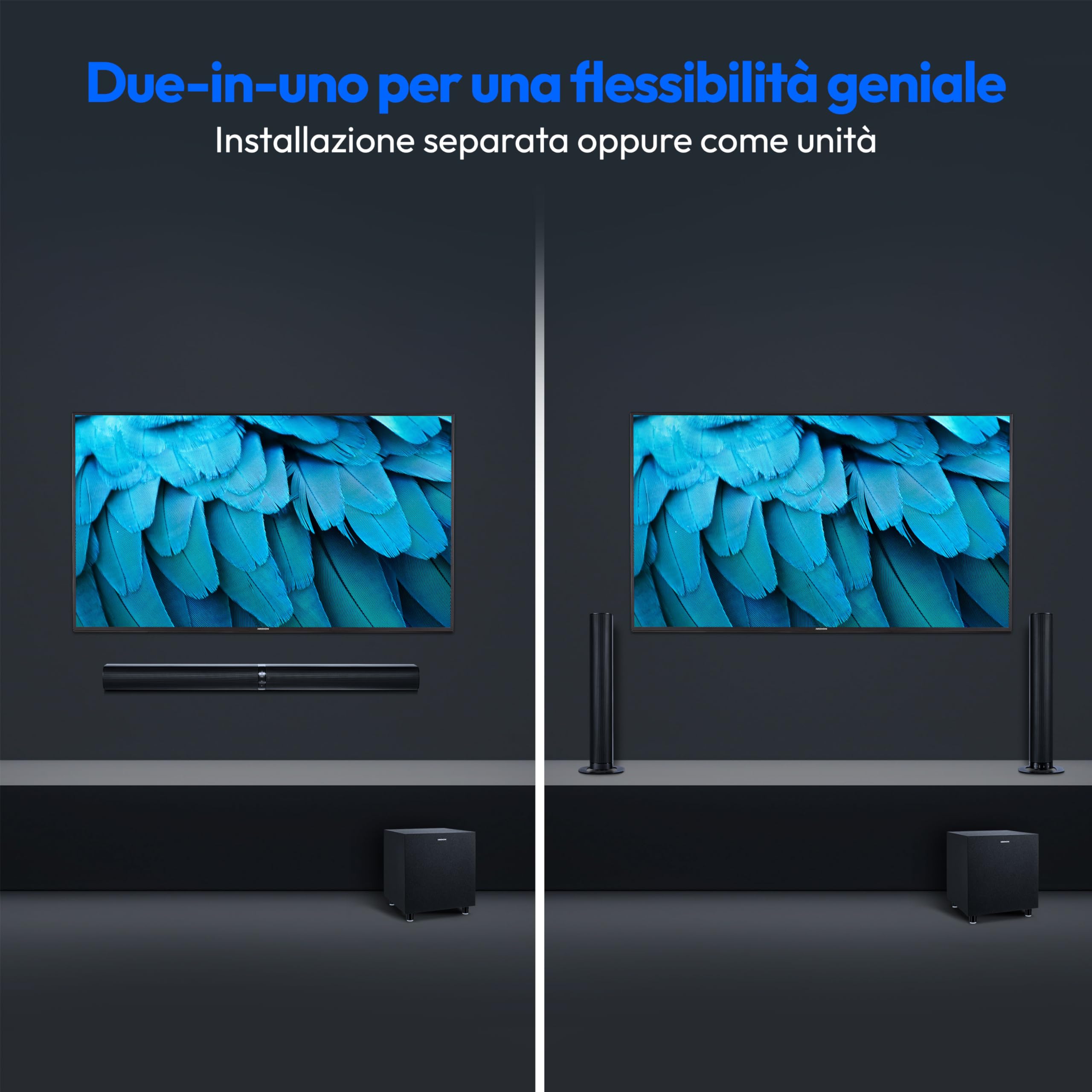 MEDION Convertible Bluetooth 2.1 TV Soundbar con Subwoofer senza fili P64150 (2x 30 W + 60 W, HDMI ARC con CEC, AUX, ingresso ottico, MD 45001)