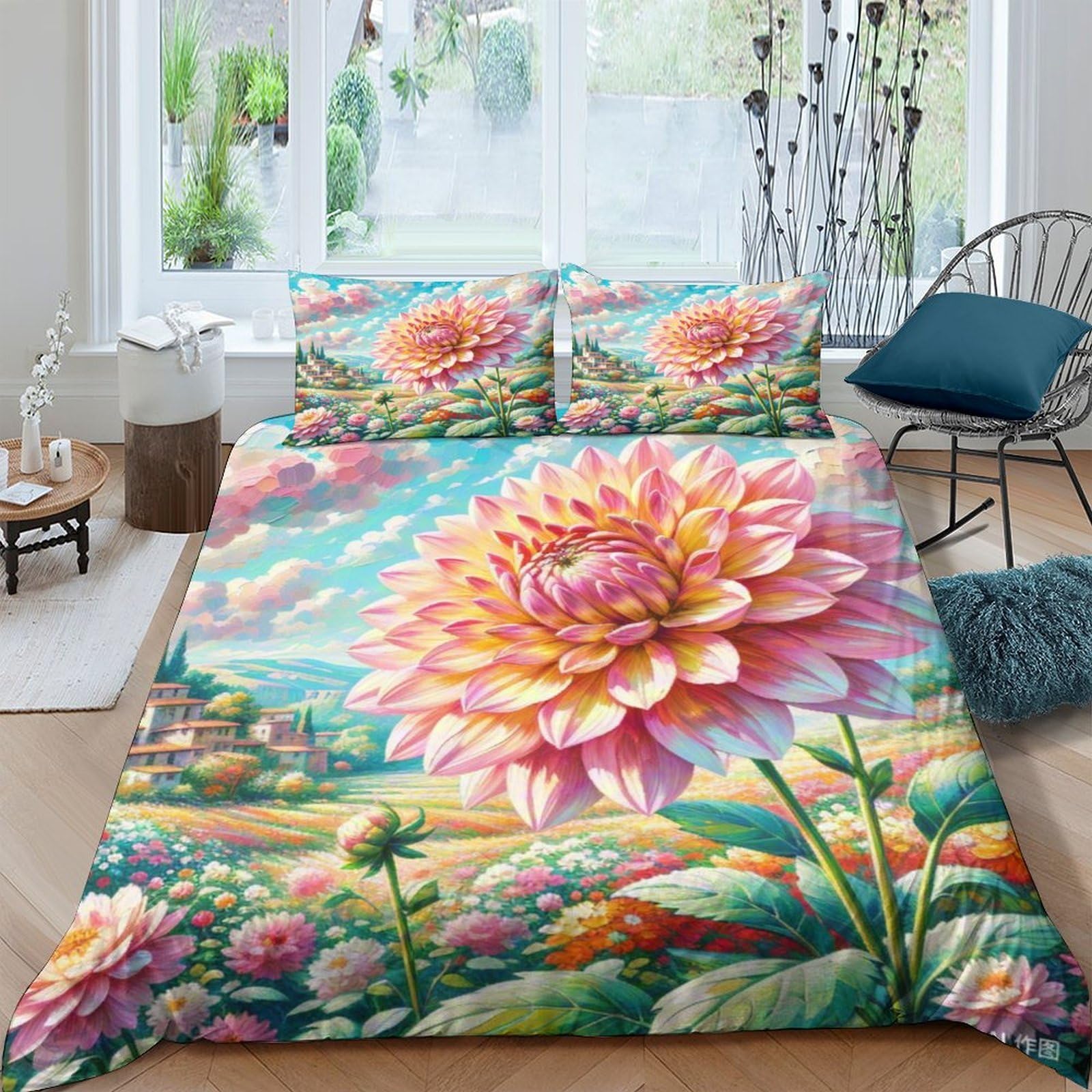 Housse de couette Dahlie 3D en microfibre douce pour lit double ado