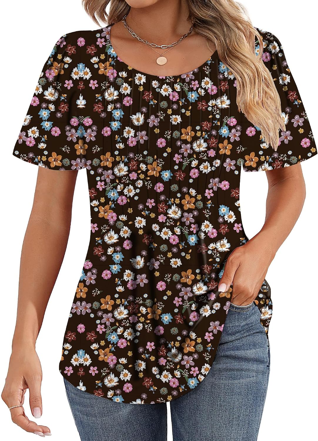 T-Shirt Donna Con Pieghe Sul Davanti – Girocollo Manica Corta – Estiva, Elegante, Unicolore