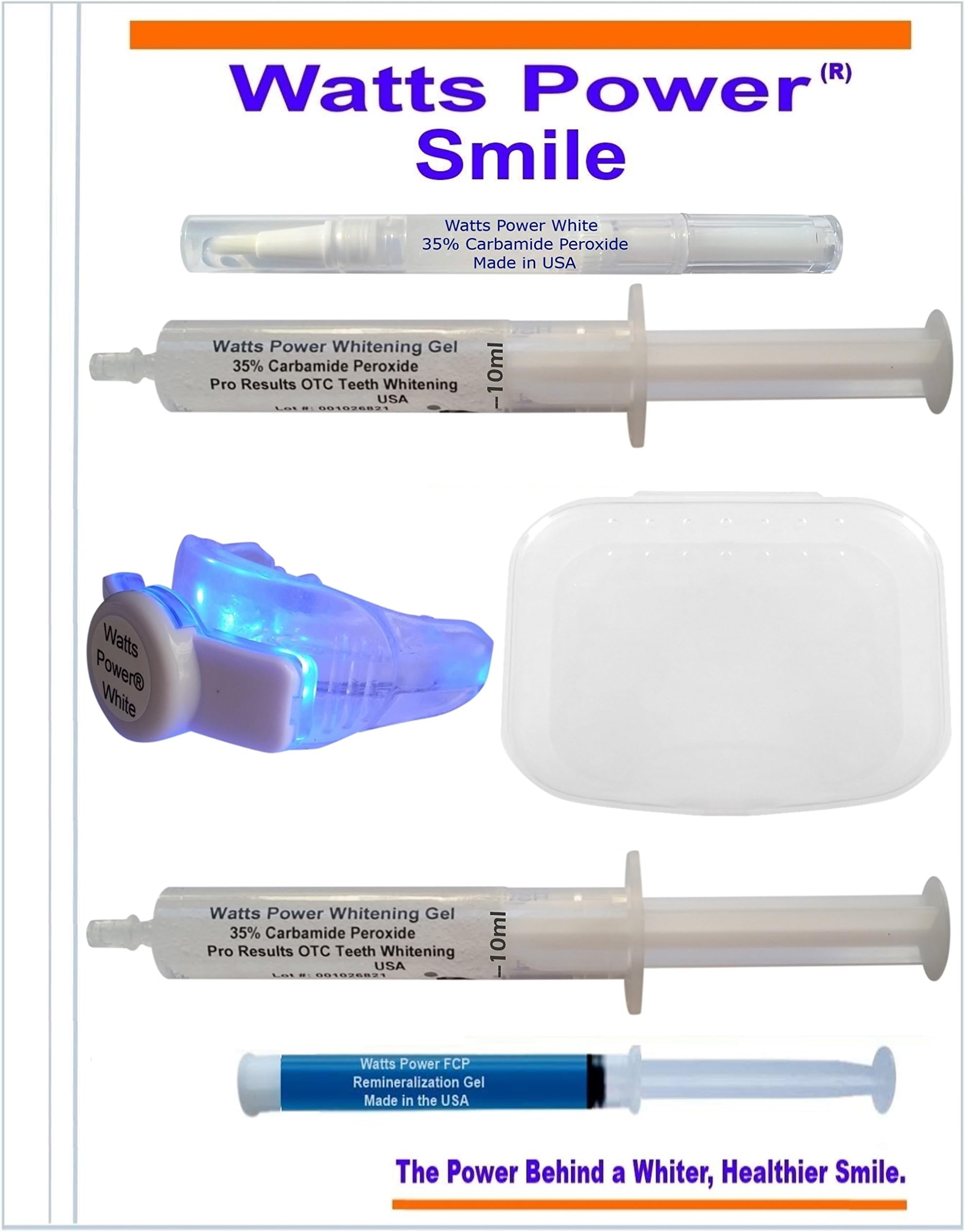 Watts Power 35% Teeth Whitening Kit - Premium Kit Includes 2 Large 10ml Whitening Gels, Bonus Brush Tip Whitening Pen, LED Light Plus Tray Combo, Tray Container, Aftercare Gel and Zip Tote