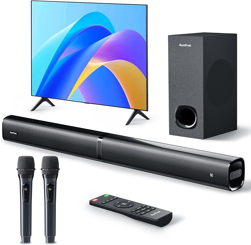 Barra de sonido con subwoofer para TV, sistema de parlantes Bluetooth 5.3 de cine en casa con 2 micrófonos de karaoke inalámbricos, audio de sonido envolvente con HDMI ARC, óptico, AUX, USB para películas, música, fiesta familiar (pico 240 W)