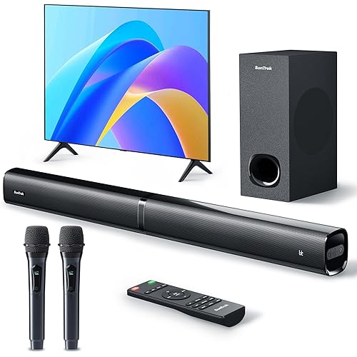 Soundbar with Subwoofer for TV, Home Theater Bluetooth 5.3 Speaker System with 2 Wireless Karaoke Microphones, Surround Sound Audio with HDMI ARC, Optical, AUX, USB for Movie, Music, Family Party
