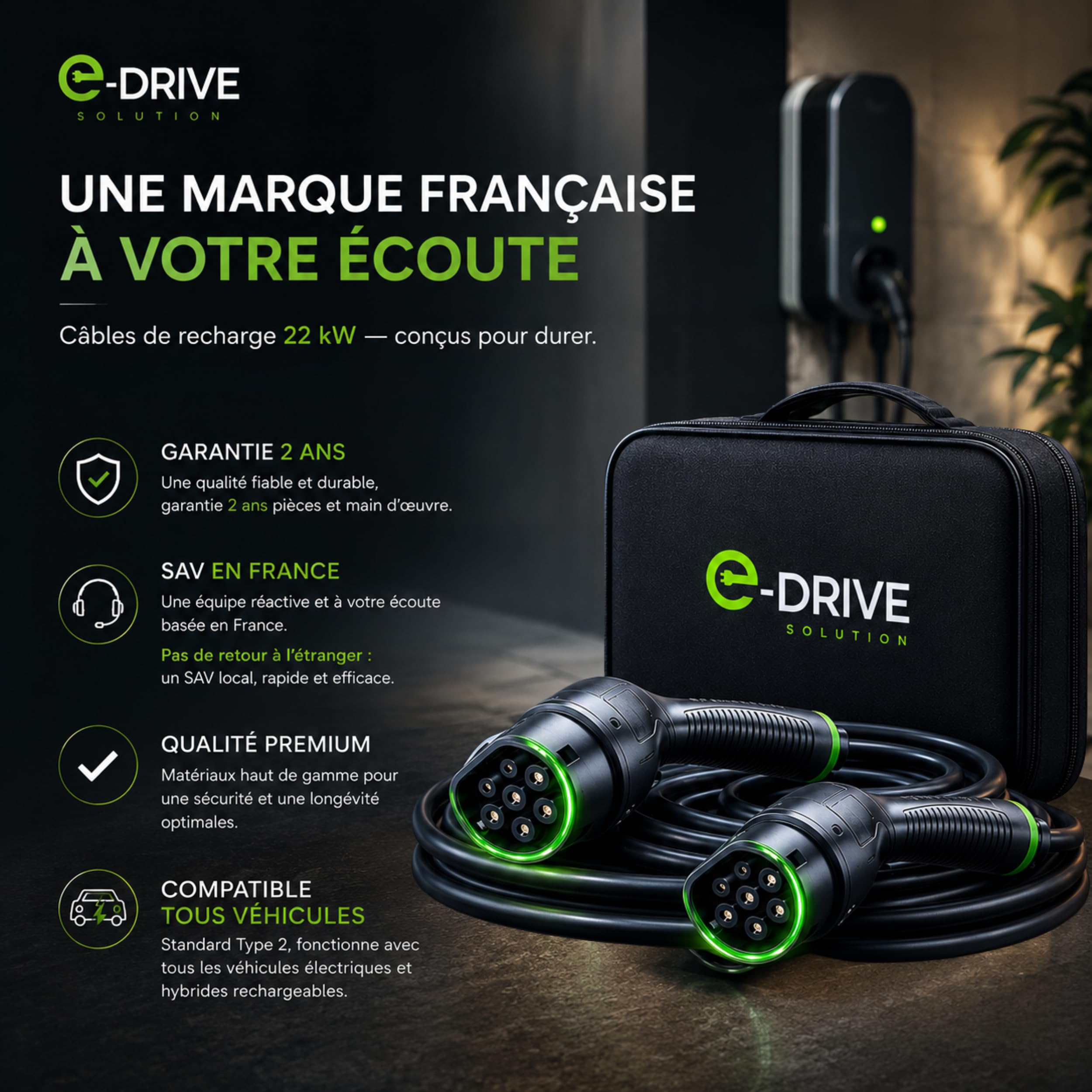 Câble Recharge & Chargeur Voiture Électrique Type 2 Hybride 7-11-22 KW 32A 5M, IP65 TÜV CE, Tesla Model 3/Y, Renault Zoé, Peugeot e-208 - Marque Française