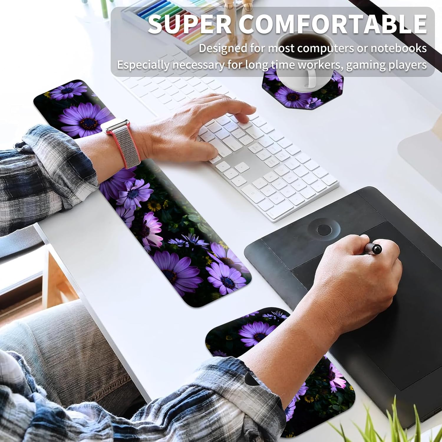 Keyboard Wrist Rest and Mouse Pad Set, Keyboard Wrist Support + Small Mouse Pad + Elbow Arm Rest Pad + Coaster, Ergonomic Memory Foam Wrist Rest for Computer Keyboard, Purple Daisy Flowers