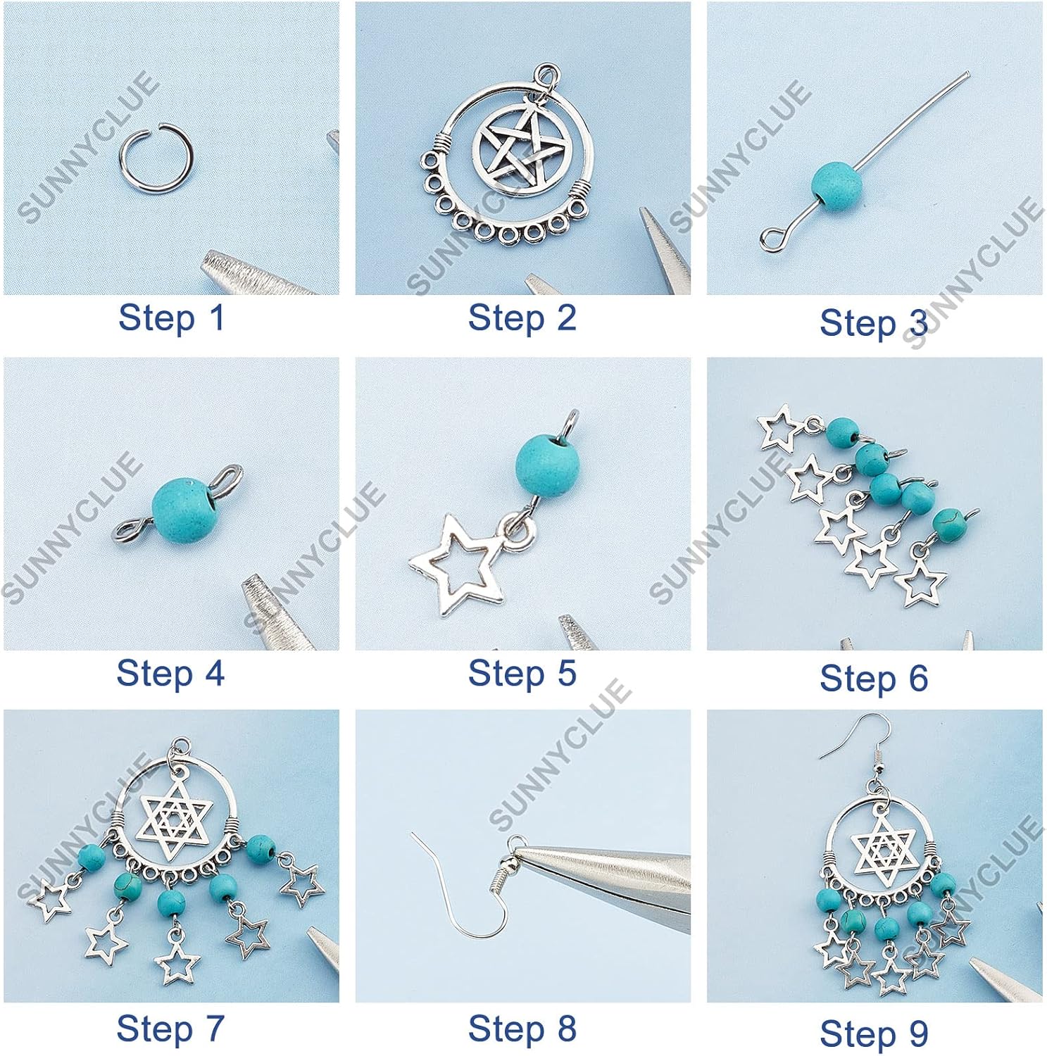 SUNNYCLUE 1 Box 10 Pairs Chandelier Dangle Making Starter Kit Crescent Moon Star Charms Tree of Life Charm Turquoise Glass Beads for Jewelry Making Kits Beginners Starter Women DIY Crafts Supplies