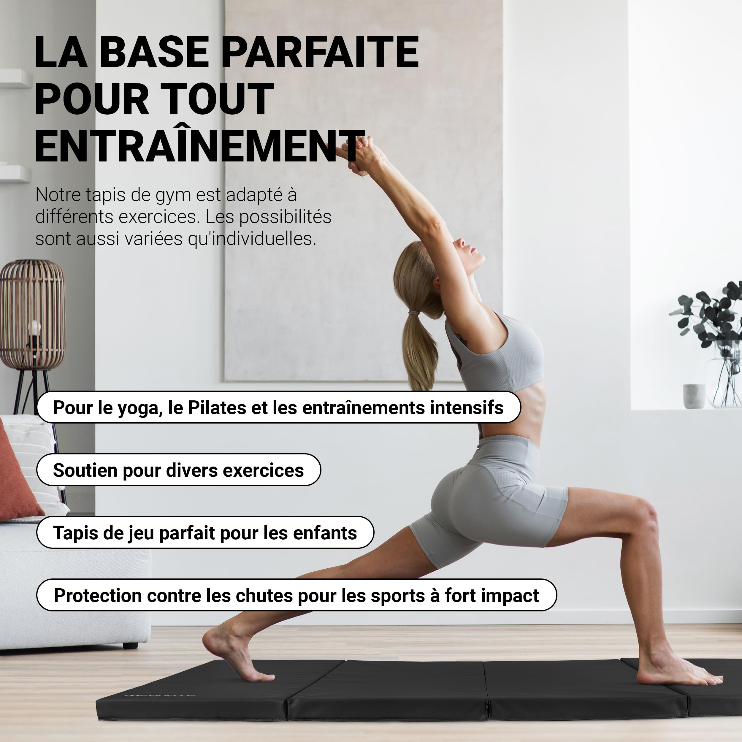 MSPORTS Tapis de gymnastique pliable de qualité supérieure - 190 x 80 x 5 cm - Tapis de gymnastique - Tapis de sport pour la maison, les enfants, les adultes