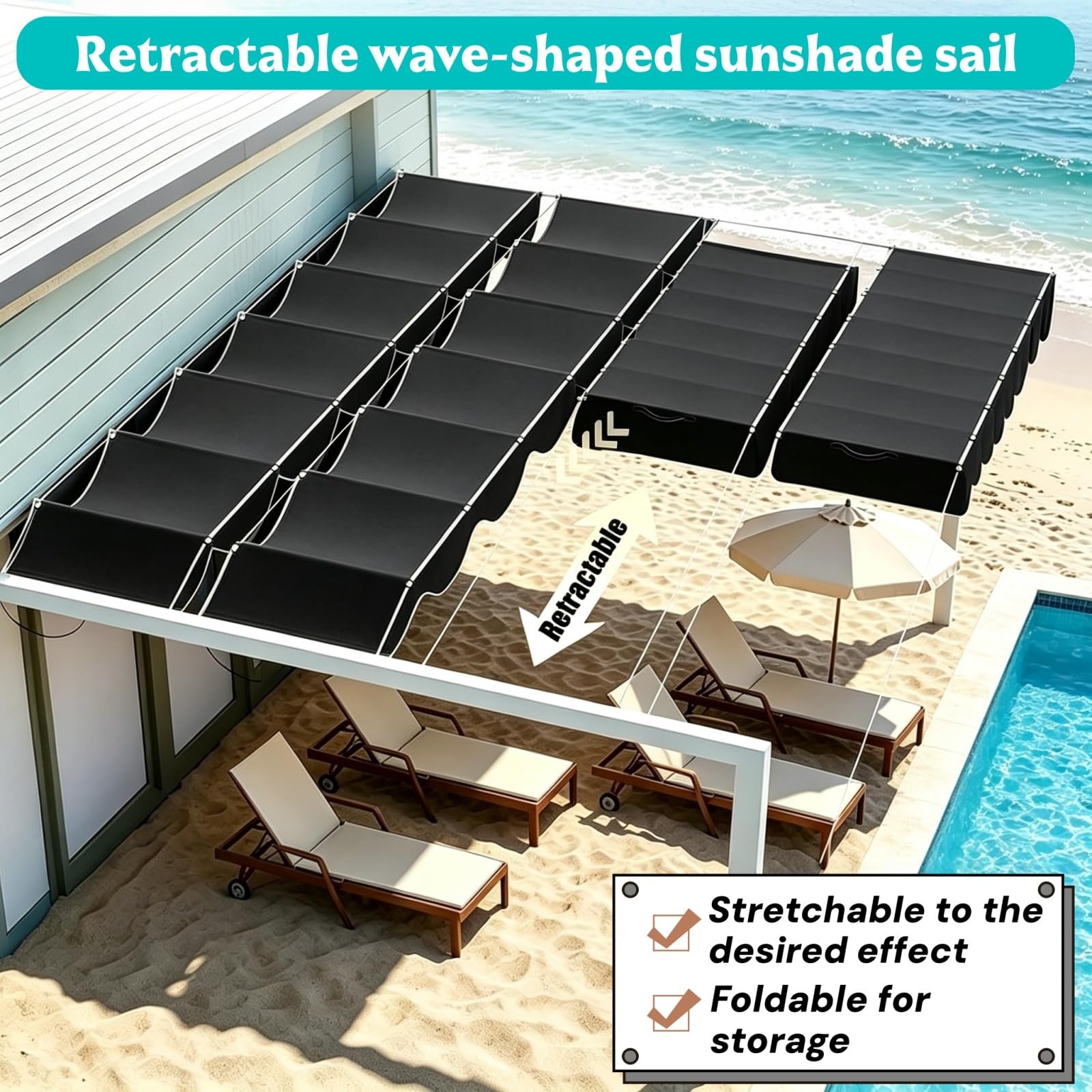 Einziehbar Welle Sonnensegel 135x460cm Wasserdicht, 98% Uv-Schutz Sonnensegel Einziehbares Verstellbares mit Zugseil & Ösen für Terrasse, Pergola, Garten, Dunkelgrau