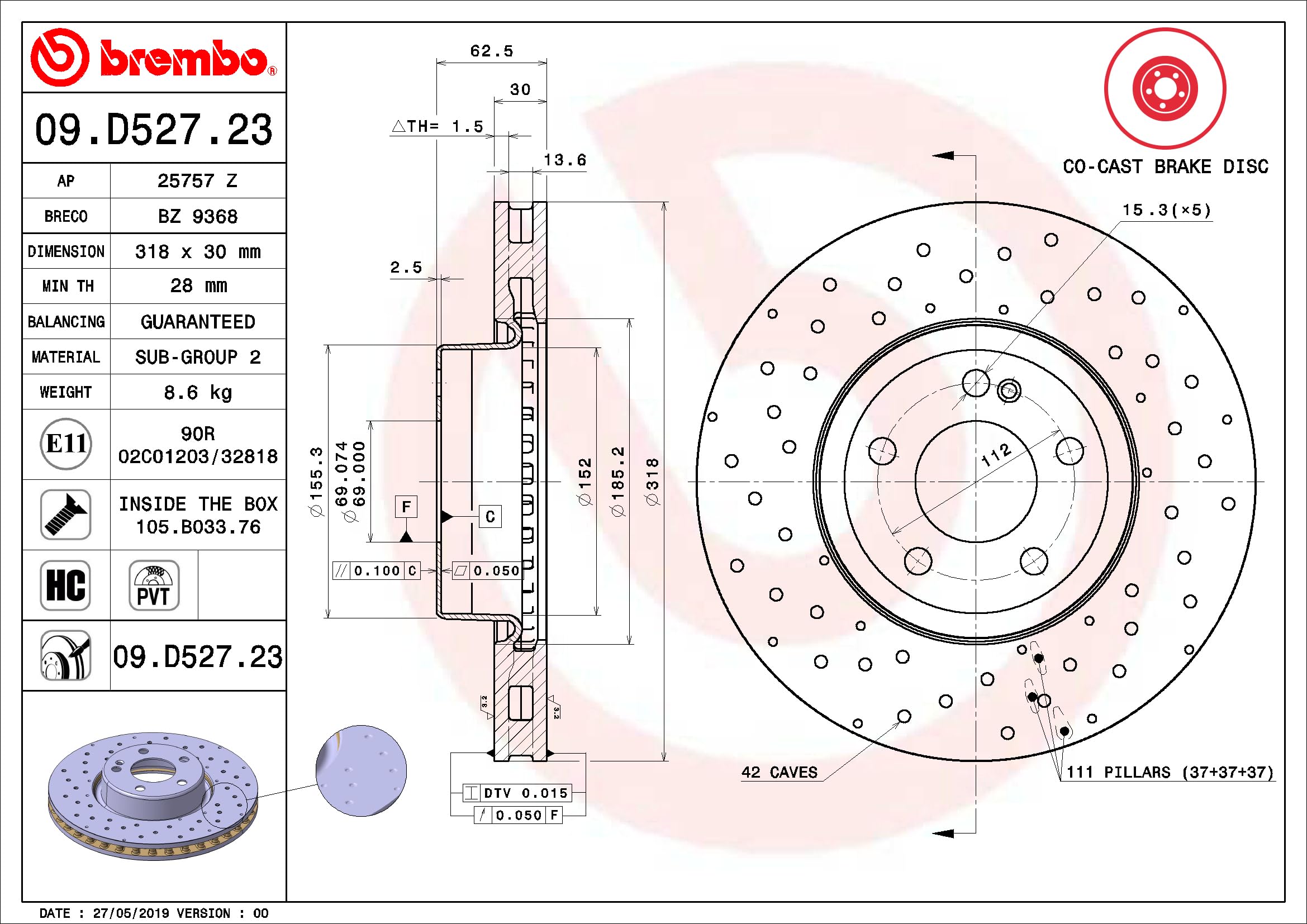 2 Disco de freno BREMBO 09.D527.23 CO-CAST DISCS LINE adecuado para