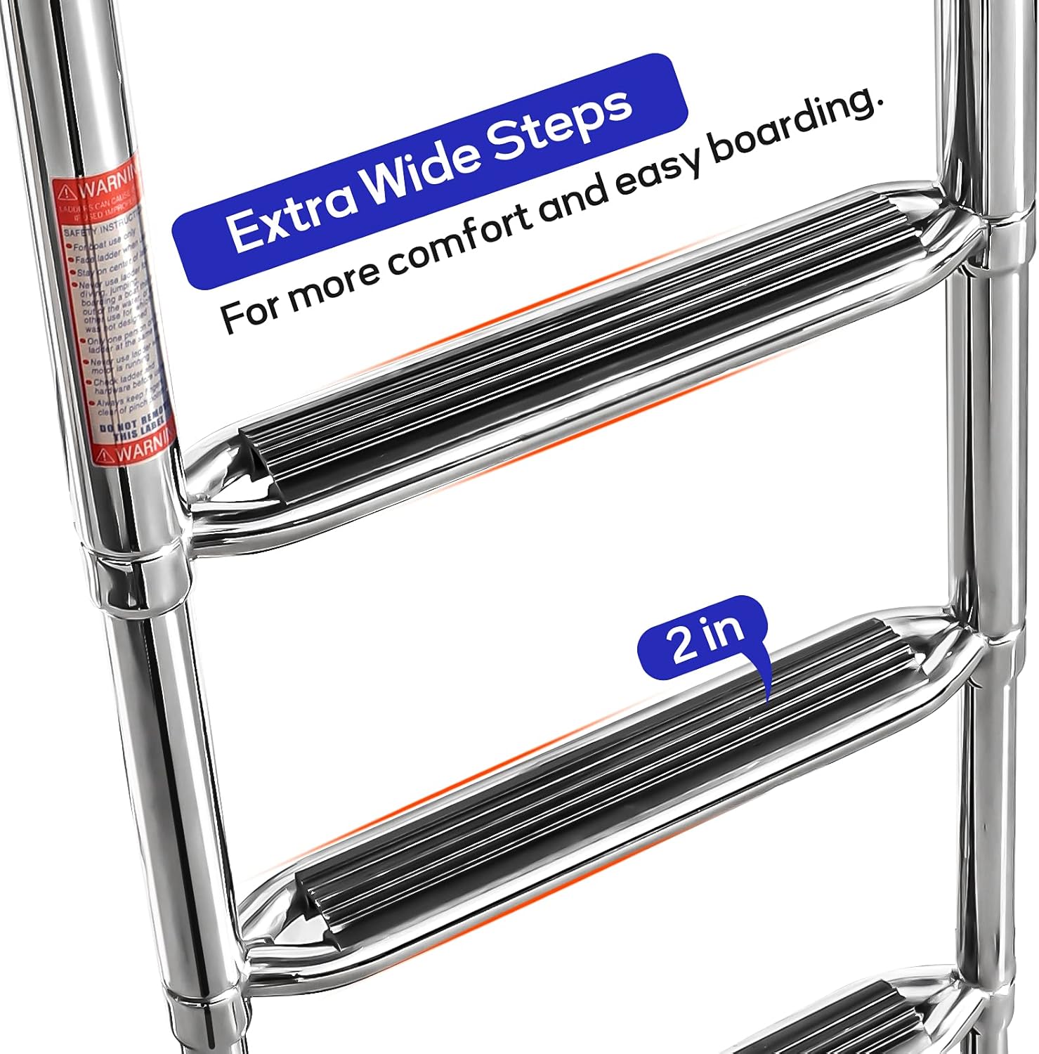클로즈업 view of the extra wide steps with grooved PVC pads on the ladder.