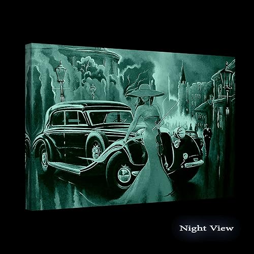 Miniatura 2 de Startonight Lienzo decorativo para pared, diseño de auto negro retro y mujer en pintura amarilla, marco grande, 32 x 48 pulgadas