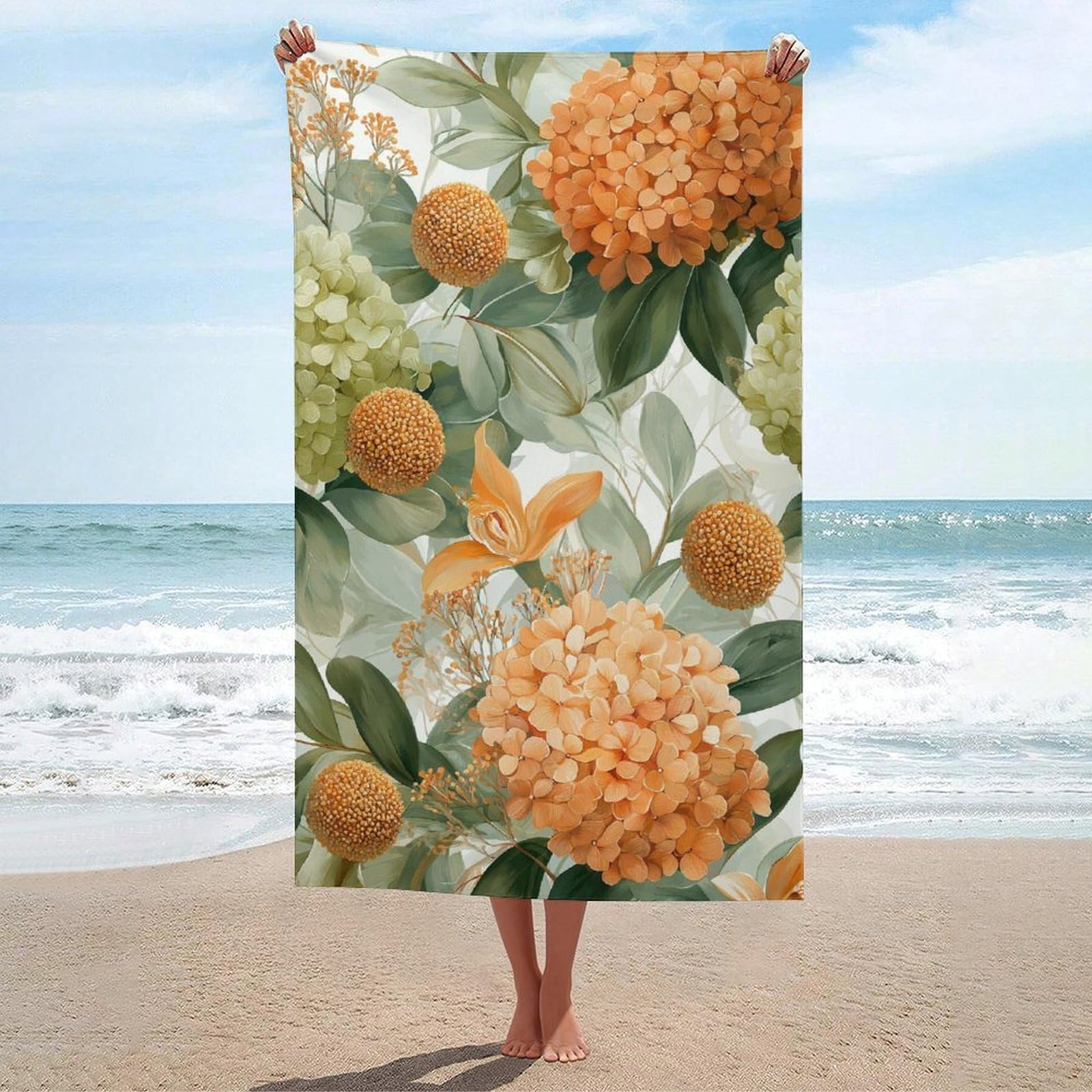 asbwuo Orange Orchid Pastel Green Textured Foliage Beach Towel
