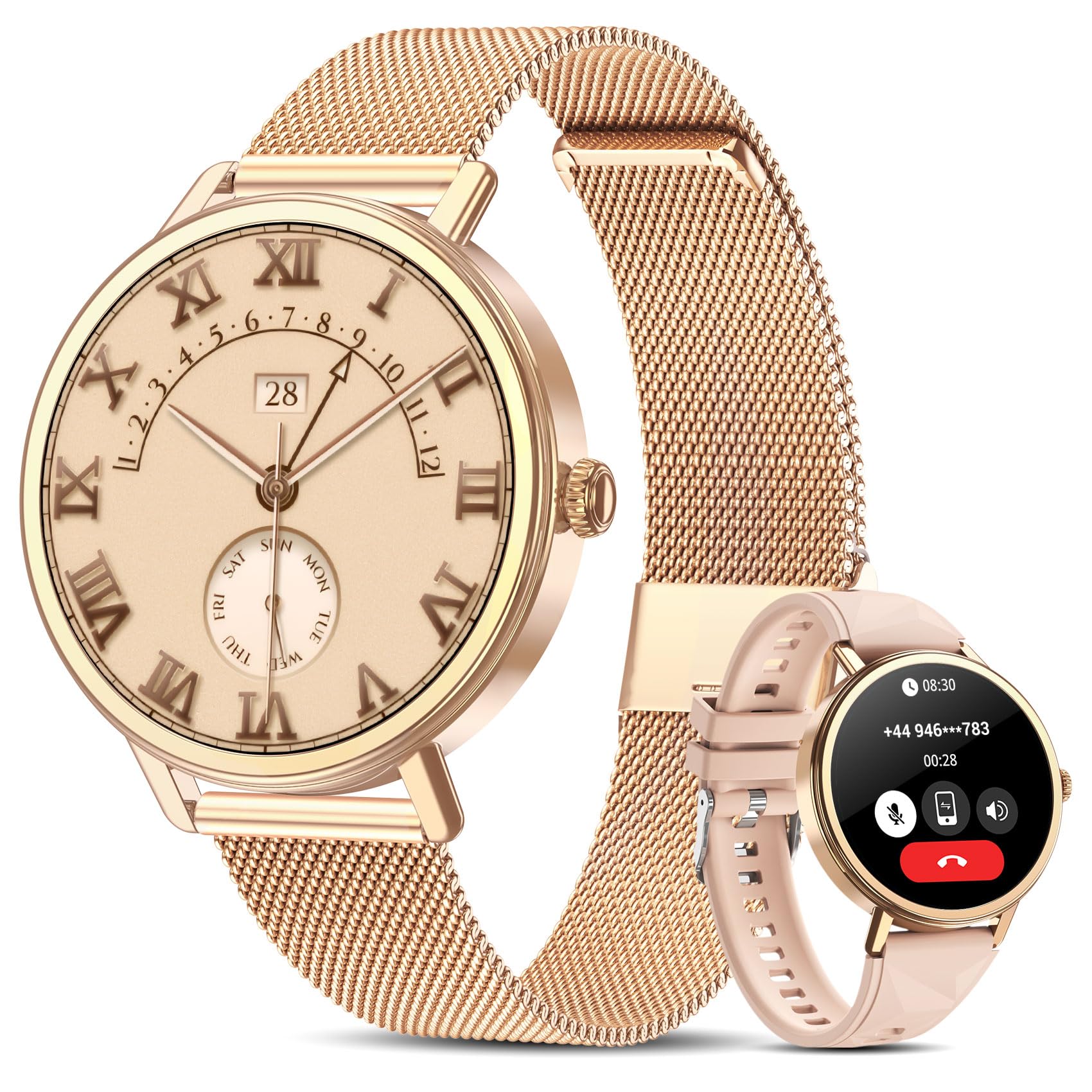 IOWODO Montre Connectée Femme avec Appels Bluetooth, Écran HD 1,26 Pouce, Bluetooth 5.4, 100+ Modes Sportifs, Fréquence Cardiaque et SpO2, Suivi du Cycle Féminin, Étanche IP68, Or Rose