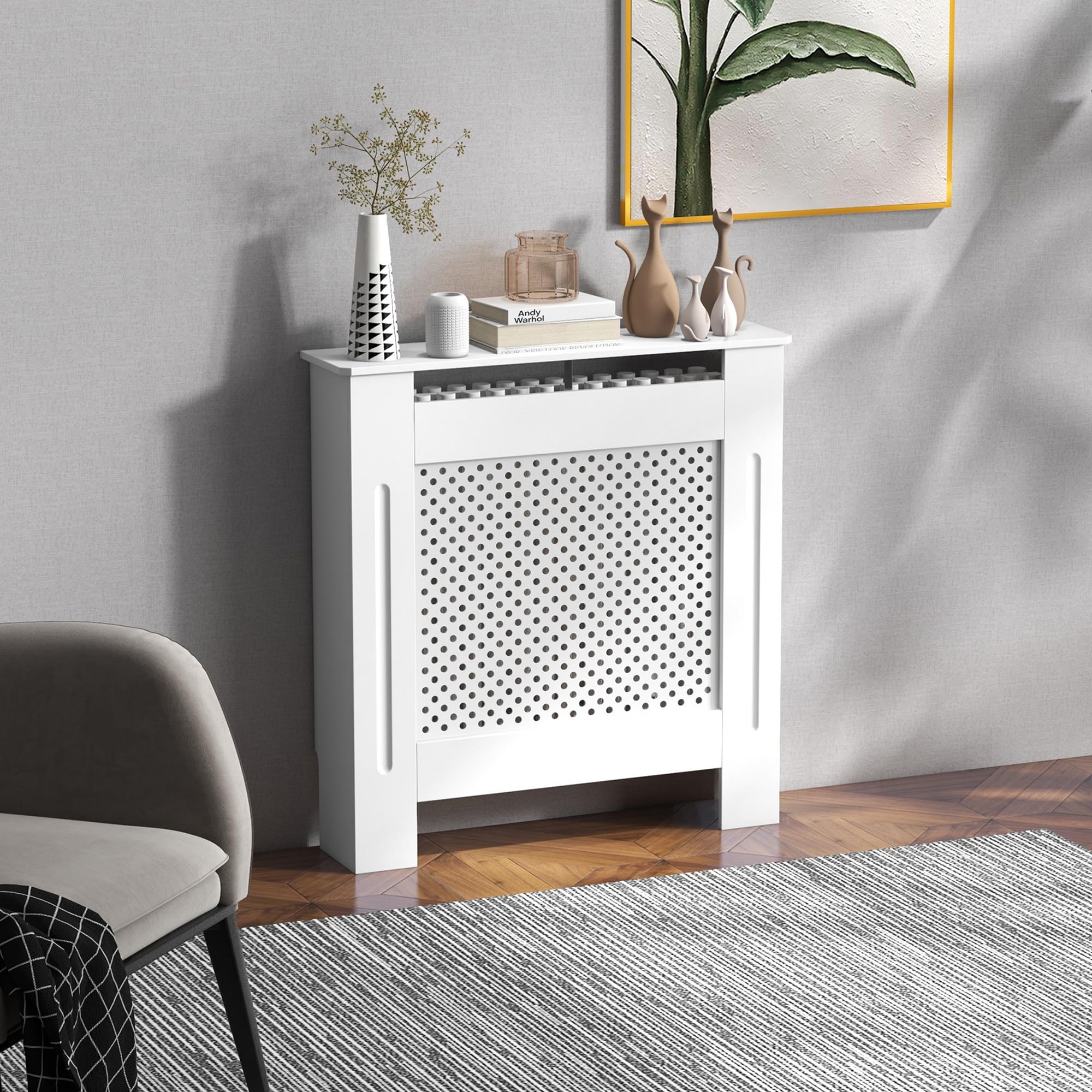 HOMCOM Cubre Radiadores, 78x19x82 cm, Cubierta para Radiador Moderna de MDF, con Estante Superior y Listones, para Salón, Dormitorio, Pasillo, Blanco