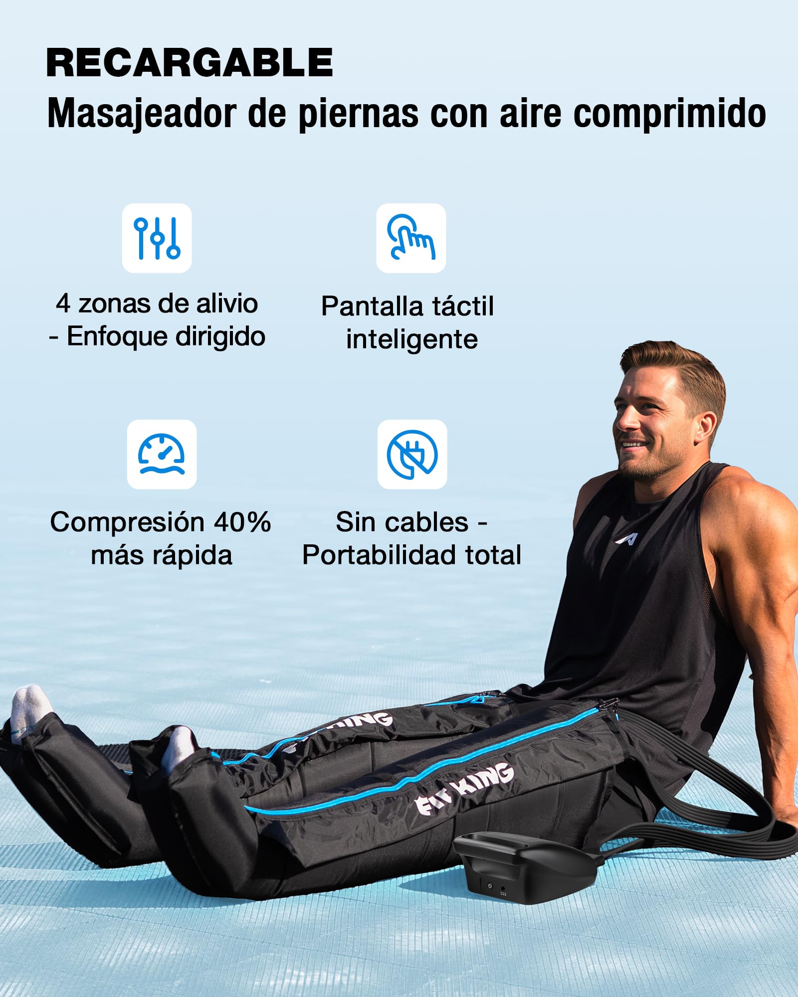 FIT KING botas presoterapia piernas, control de 4 zonas recargable (S) | Presoterapia para casa 12 intensidades 3 modos para pies pantorrillas y muslos Recuperación post-entreno y relajación diaria