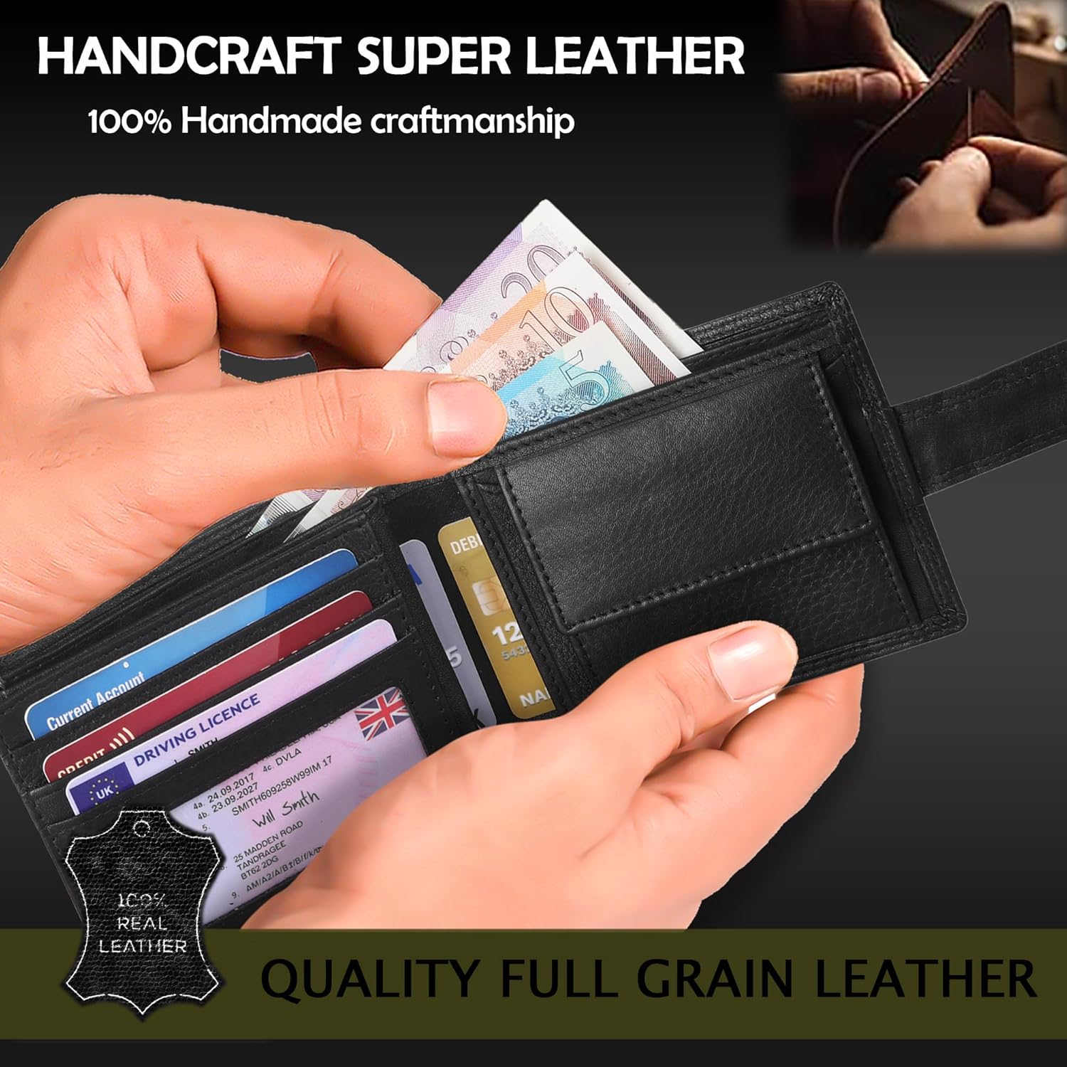 Starhide Mens Luxury Quality Black Leather Tri-fold Wallet Purse Coin Pocket #1120