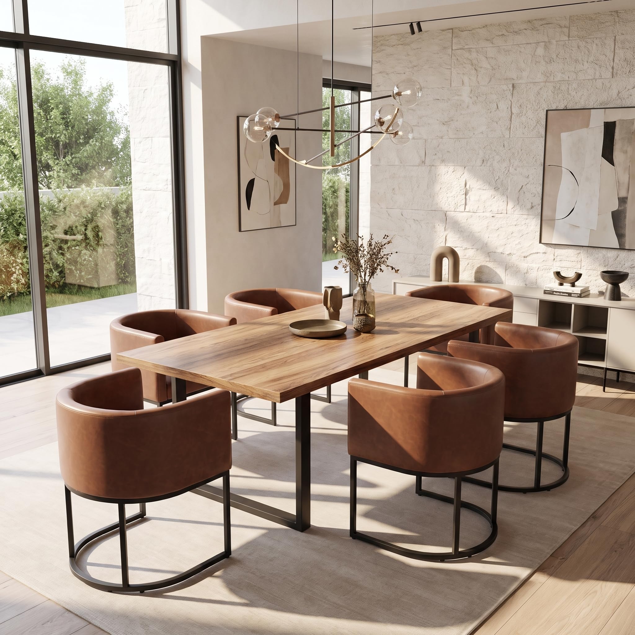 HNY Mid Century Modern Upholstered Barrel Dining Chairs with Arms Set of 6, Leather Kitchen &amp; Dining Room Chairs, 18.5" Wide Accent Chairs for Dining Room Living Room with Black Metal Frame, Brown