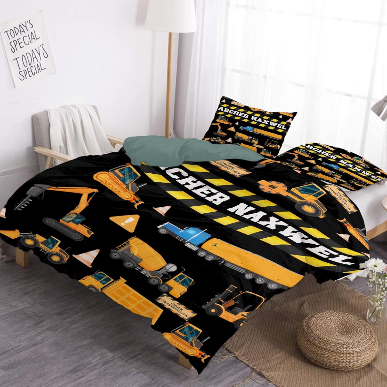 Custom Construction Bulldozer Truck Bedding Set for Girls Boys Twin Full Queen King Personalized Construction Duvet Cover Set with Name Super Soft Trucker Customized Comforter Cover Set 3 Pieces