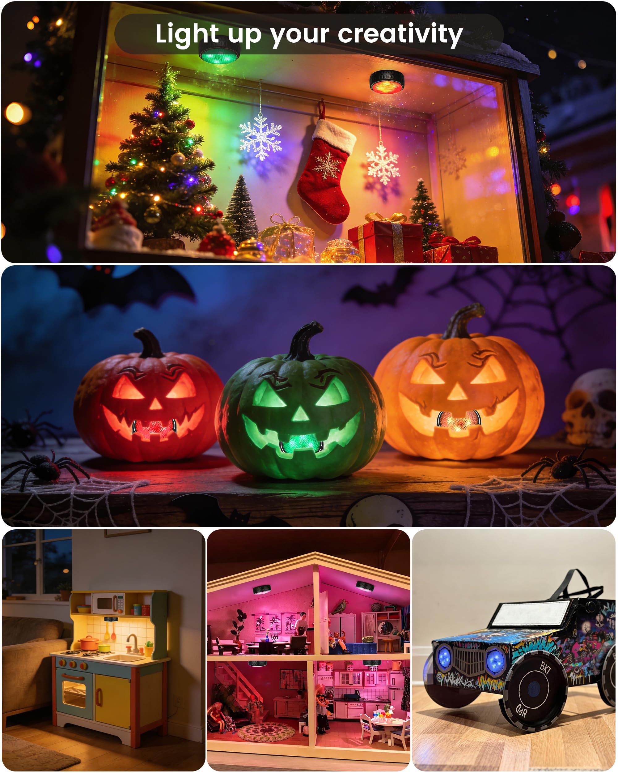 Luci LED Puck a batteria, luci senza fili per armadio, luci da incasso, con telecomando, cambiano colore sotto le luci da cucina, libreria, confezione da 2, colore nero