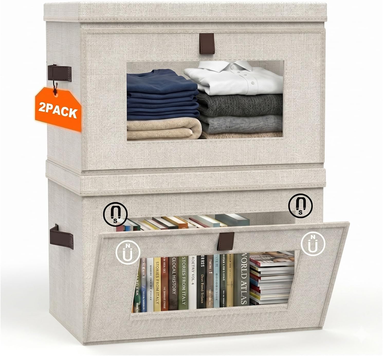 35L Large Closet Organizers and Storage Bins 4-Pack, Collapsible Fabric Storage Boxes with Lids and Handles, Front Opening Wardrobe Container with Clear Window for Clothes, Blankets, Living Room, Dorm