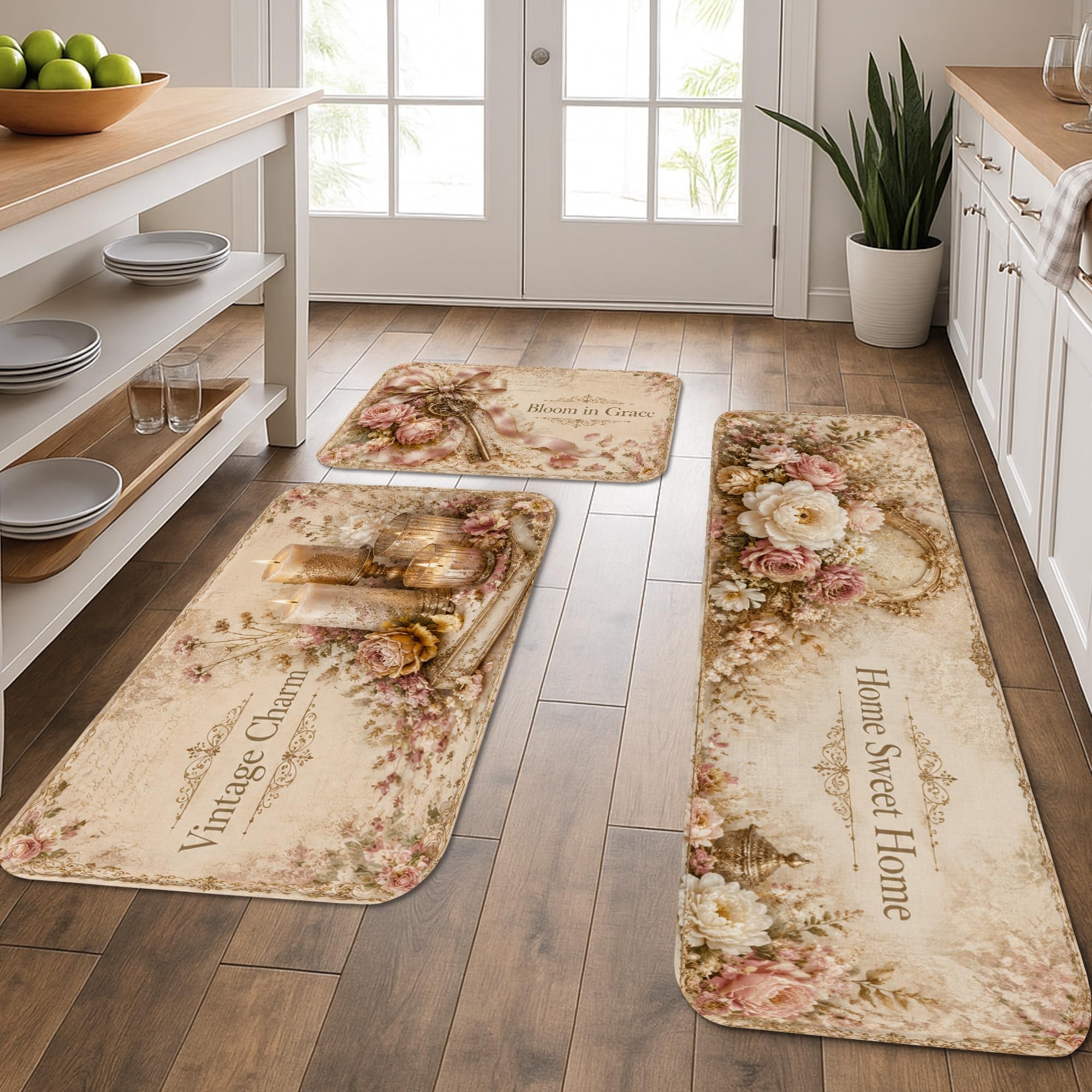 Tapis de cuisine vintage floral lavable pour sol rustique doux