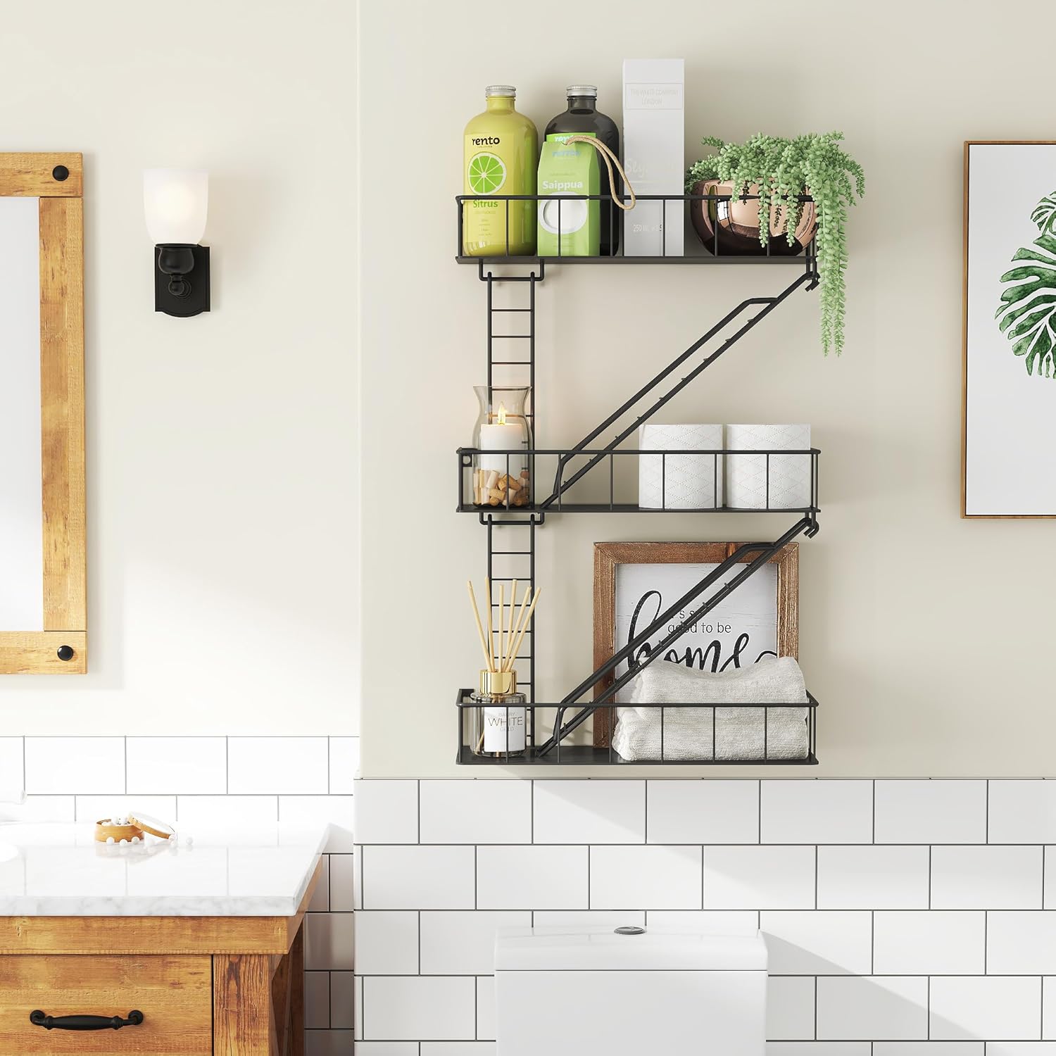 Black Metal Fire Escape Wall Shelf, Unique Decorative Shelves for Wall, New York Shelf Ladder Storage, Funky Knick Knack Shelf Organizer, Industrial Wall Shelves for Bathroom,Living Room