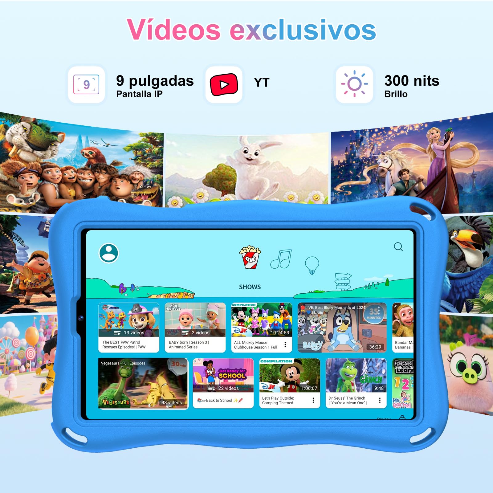 Tablet para niños 9 pulgadas Android 15 12 GB RAM 1 TB TF 5G WiFi Widevine L1 Octa-Core 5000 mAh control parental funda Eva Azul